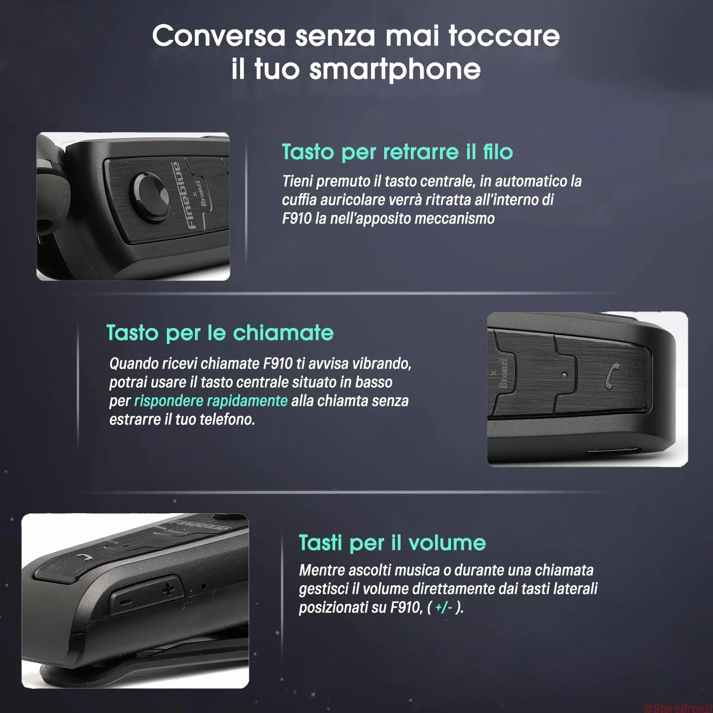 Fineblue F910 Auricolari Bluetooth Smartphone Con Clip Filo Retrattile In Ear Avviso a Vibrazione Microfono Cancellazione Rumore Nero