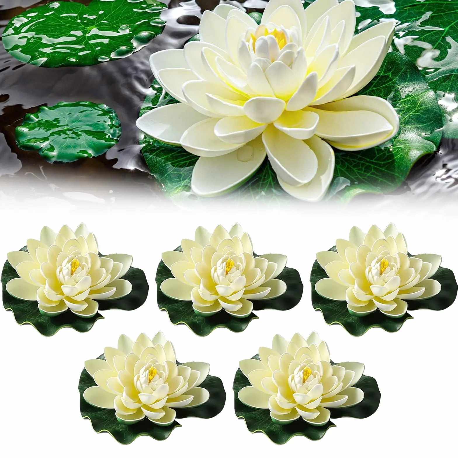 Fiori di Loto Galleggianti Finti, 5 Pezzi Ninfea Artificiale Impermeabile in Schiuma per Casa, Giardino, Stagni, Piscina, Acquario (Bianco)