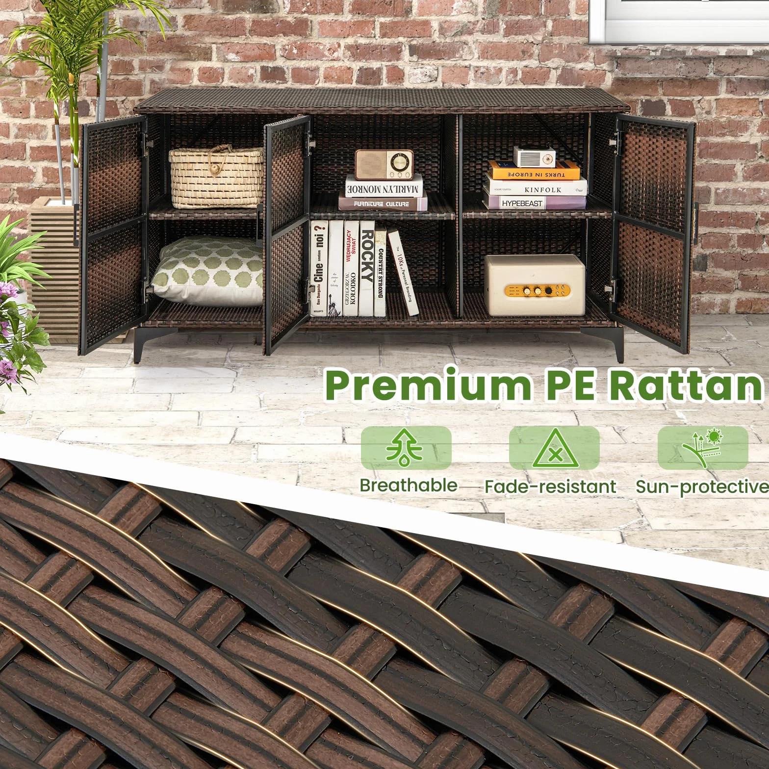GIANTEX Armadio da Giardino Rattan Wicker 3 Porte Ripiani Rimovibili Impermeabile Marrone