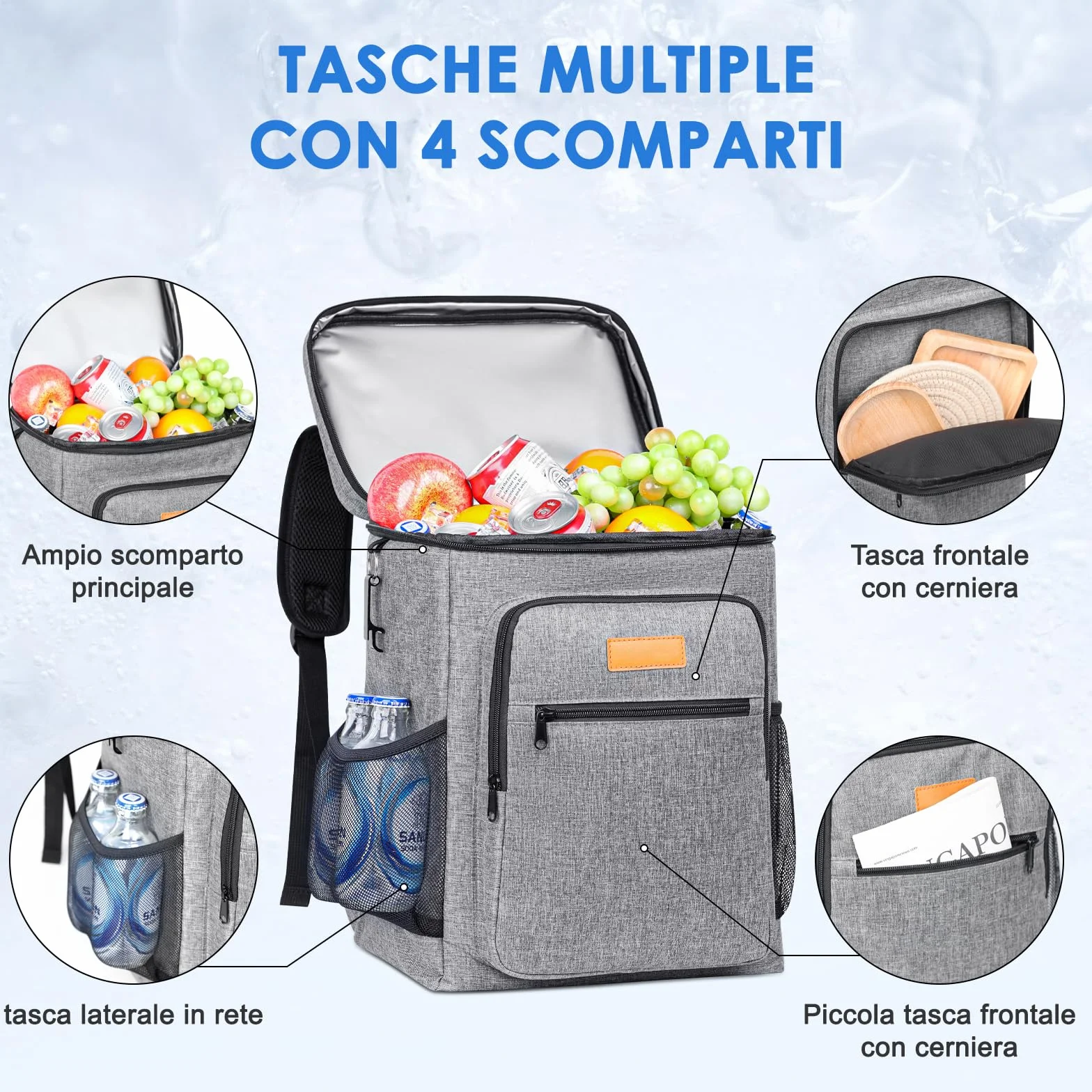 Zaino Termico Frigo 24L Borsa Termica Isoterma Impermeabile Grigio