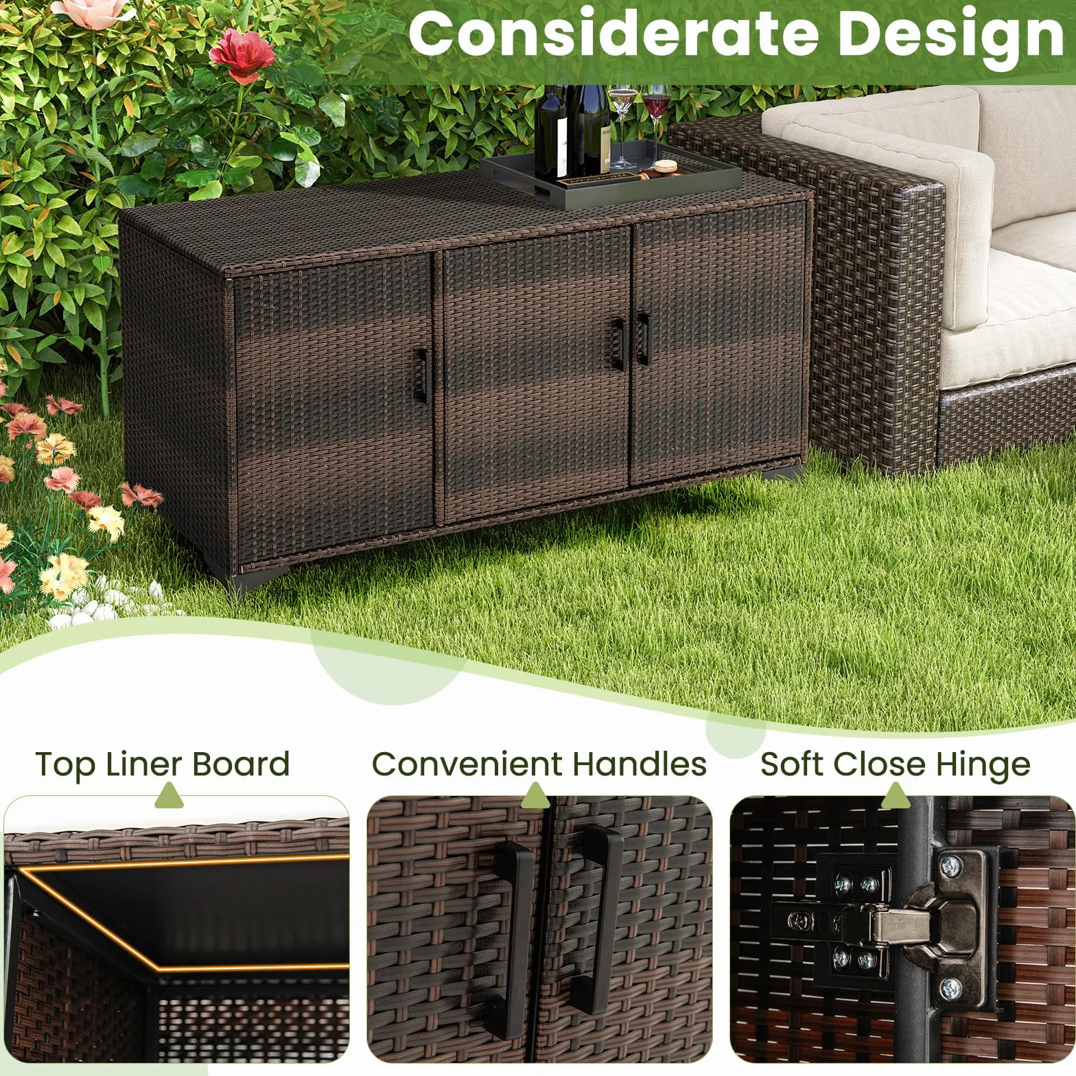 GIANTEX Armadio da Giardino Rattan Wicker 3 Porte Ripiani Rimovibili Impermeabile Marrone