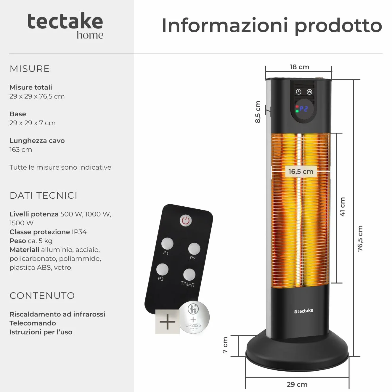 tectake® Radiatore a Infrarossi 1500W, LED, Timer, 3 Livelli di Potenza, Telecomando, Alluminio Inossidabile, Protezione Antiribaltamento, Riscaldamento Diretto, per camping, interno ed esterno - Nero