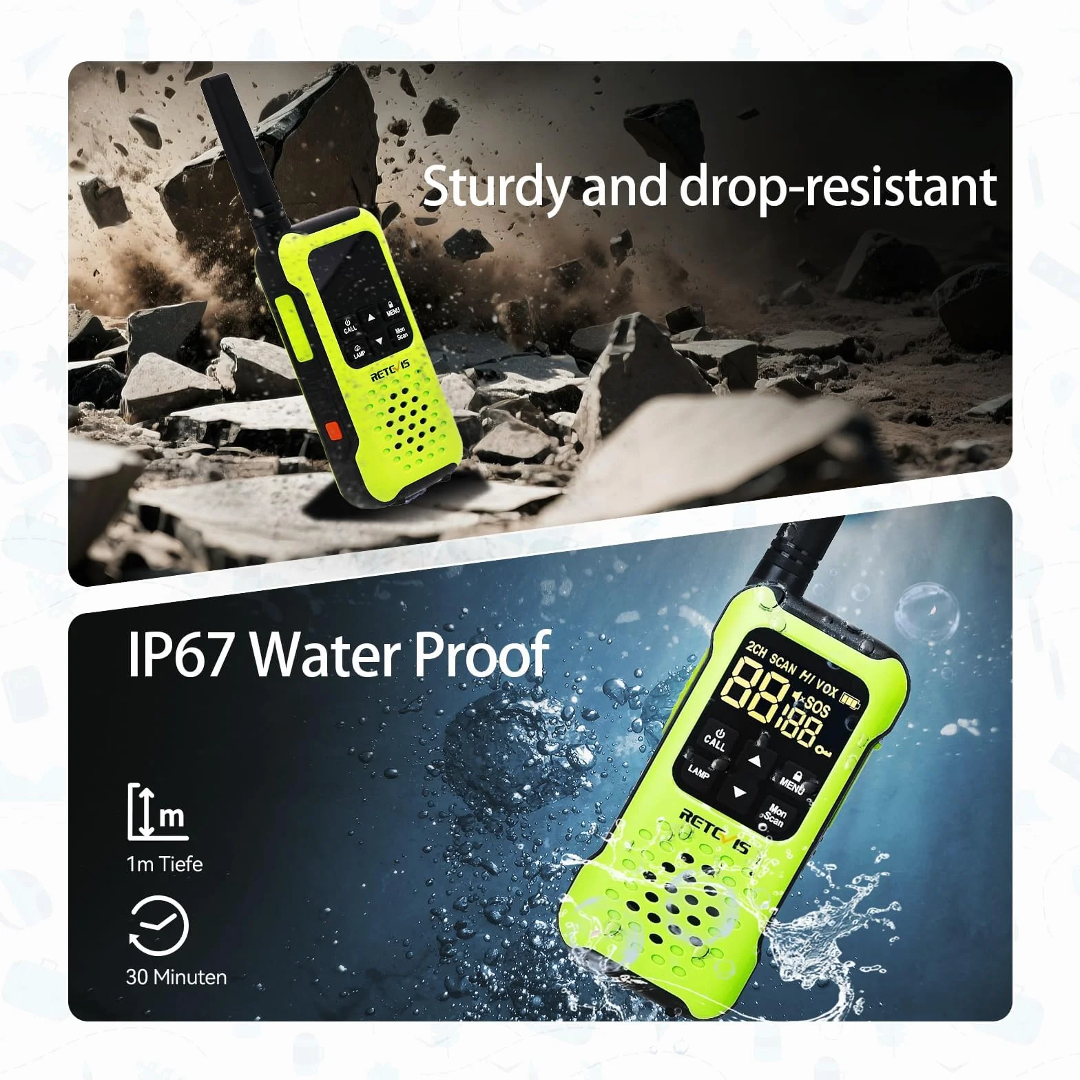 Retevis RT649P IP67 Walkie Talkie Impermeabile Galleggianti Ricaricabili PMR446 16CH Allarme SOS Lungo Raggio 2 Pz