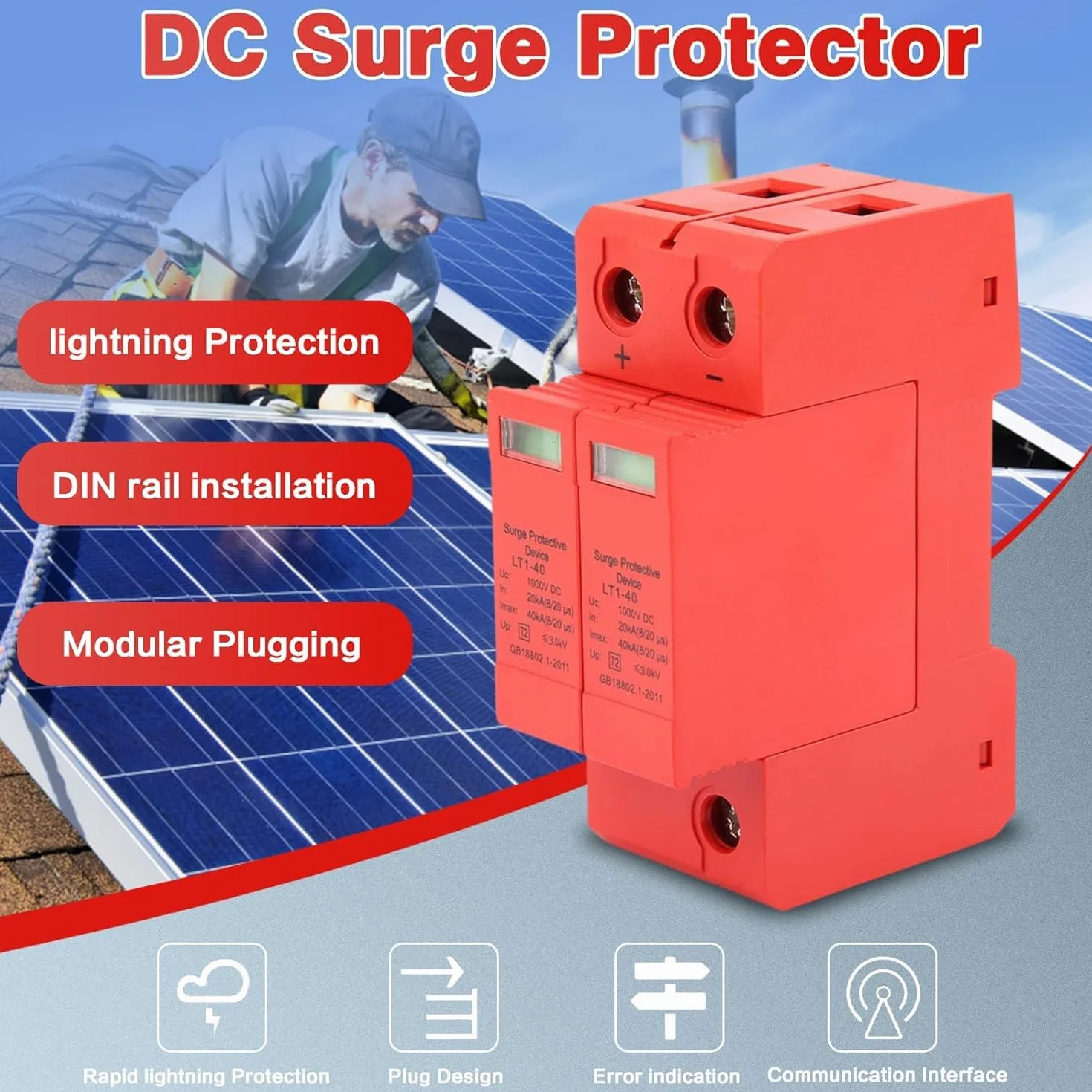 DEWIN Scaricatore di Sovratensione DC 1000V 2P 20KA~40KA Dispositivo di Protezione Contro Le Sovratensioni