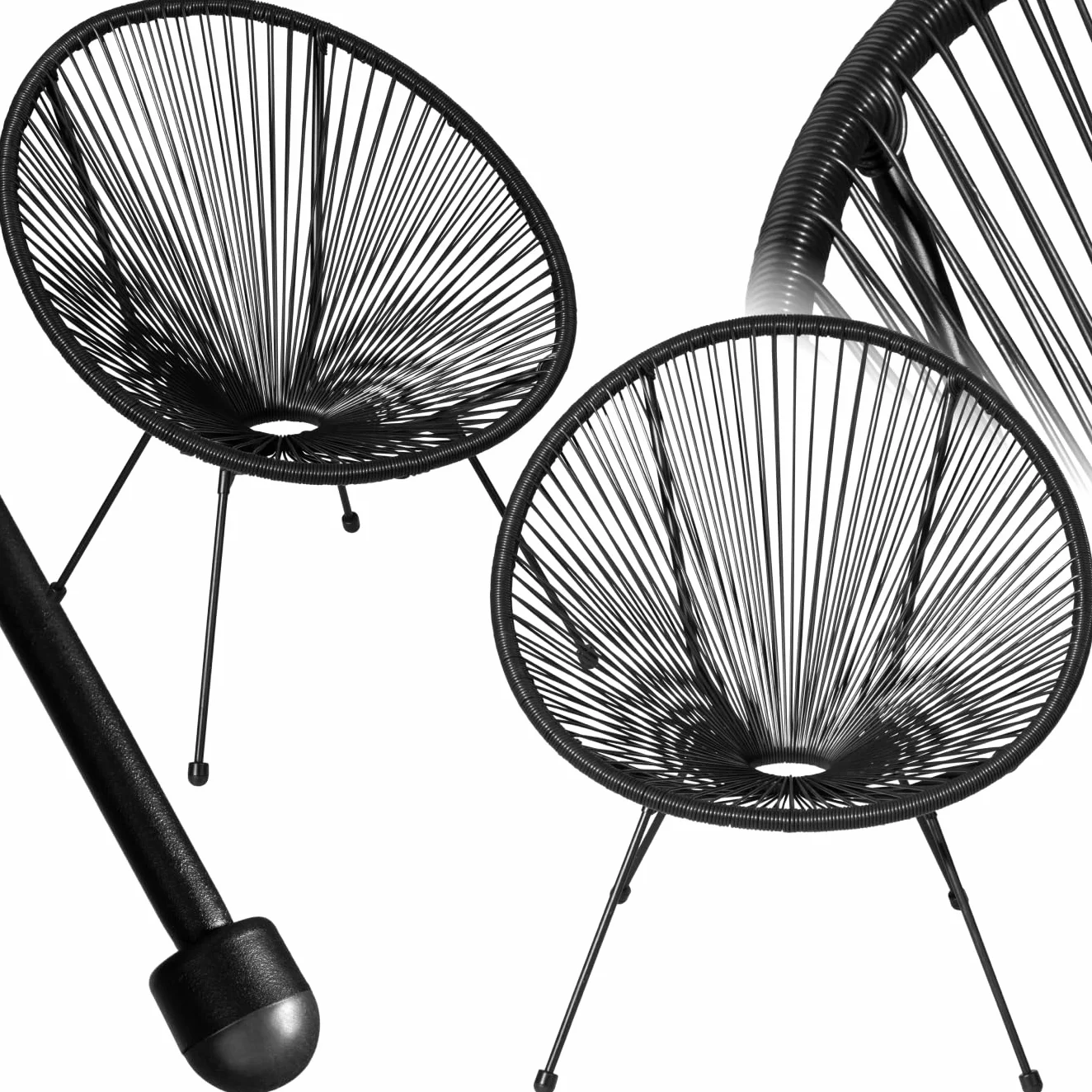 tectake® Set 2 Sedie Santana, Confortevole Set Sedie in Stile Retrò, Robusto Telaio in Acciaio, Corde Elastiche in Polietilene, Adatto per Interni ed Esterni - Nero