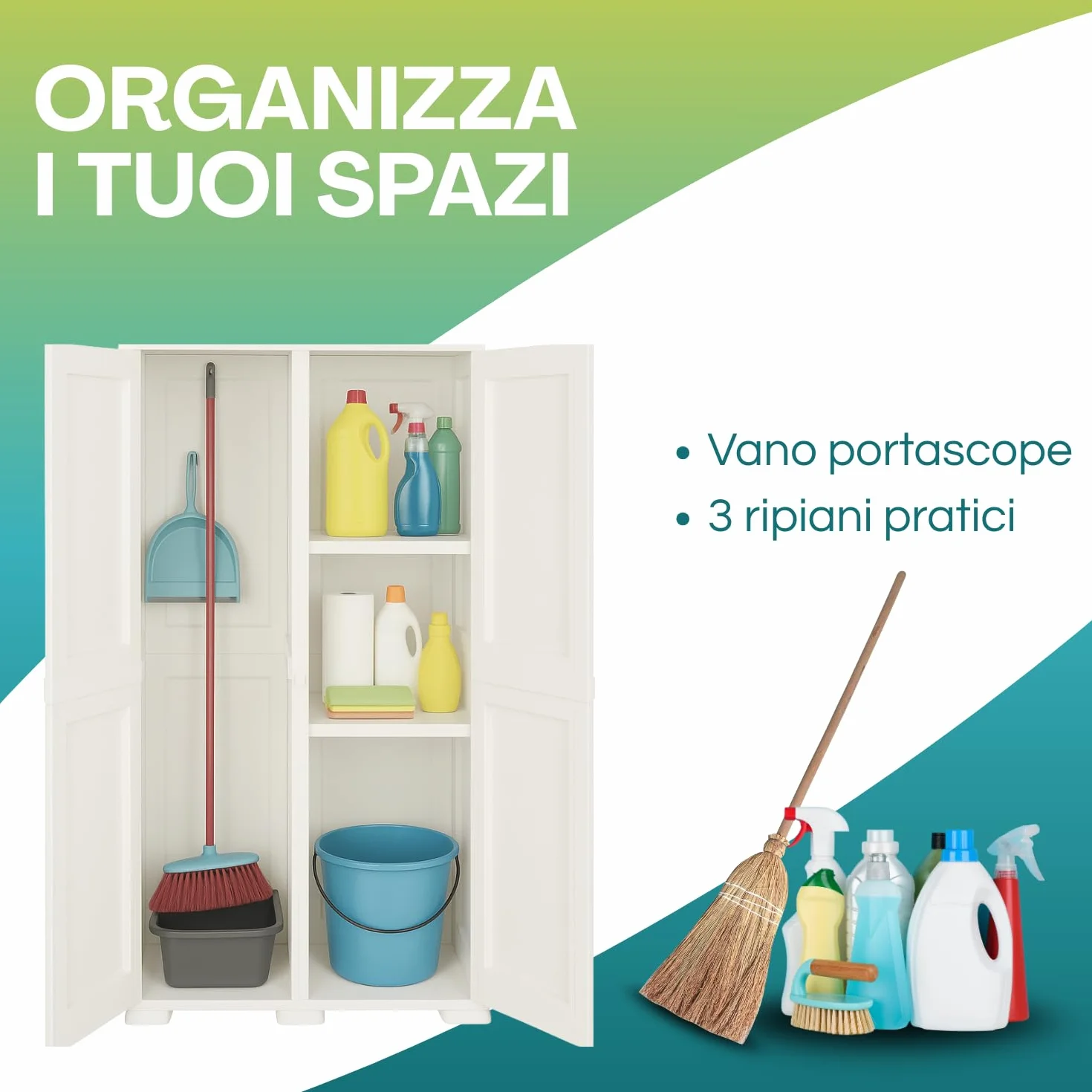 PALUPLUS Portascope Ante Lisce in Plastica, Armadio Multiuso 79x43x164 cm, 3 scomparti, Made in Italy Panna