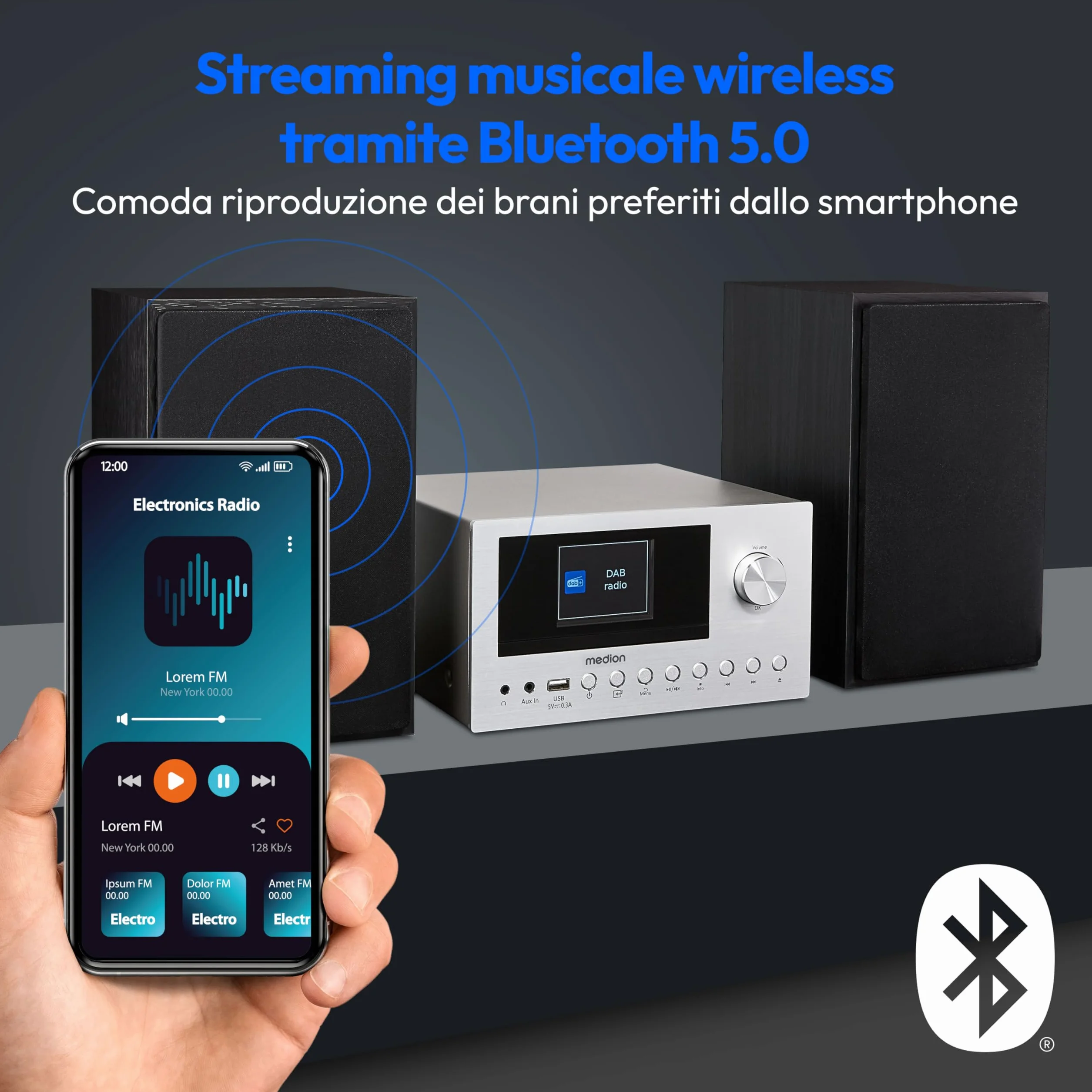 MEDION Micro Impianto Audio Compatto P85003 Radio Internet DAB+ FM Bluetooth USB AUX 2x150 W