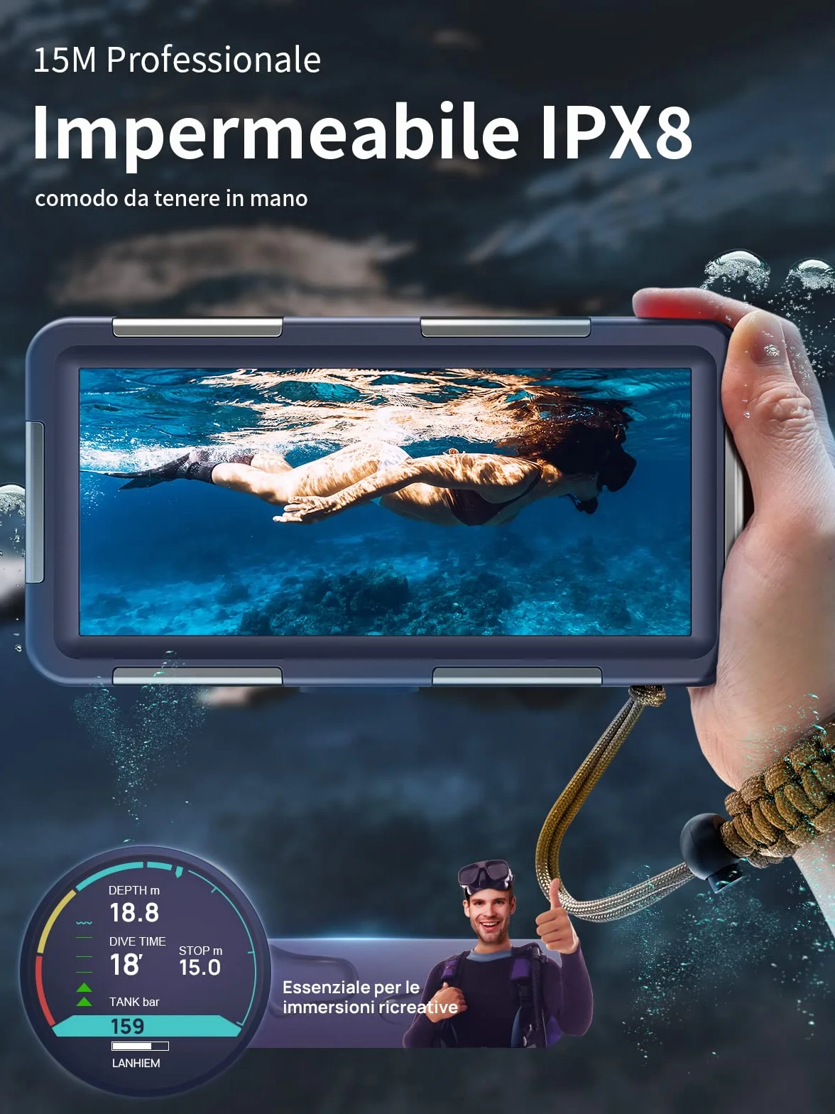 Custodia Impermeabile IP68 15M per iPhone Samsung Huawei Xiaomi 6,9 Pollici Snorkeling Surf