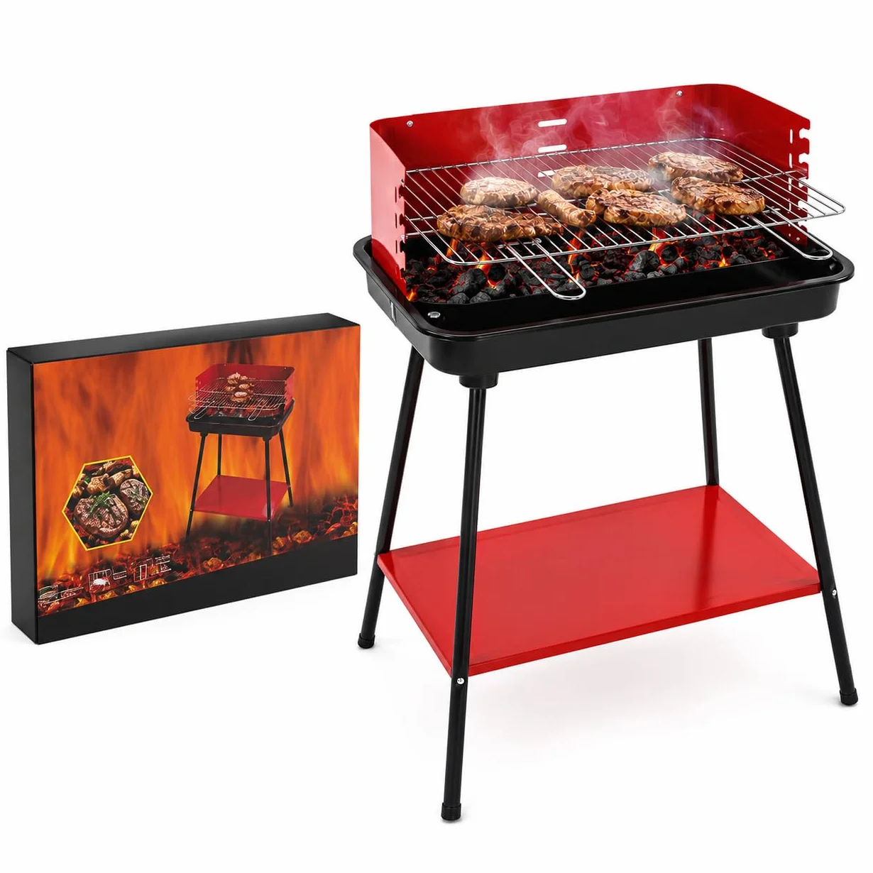 Barbecue Carbonella Rettangolare Stabile 4 Posizioni Cottura Griglia Cromata Rimovibile 53x34,5 cm Acciaio Carbonio
