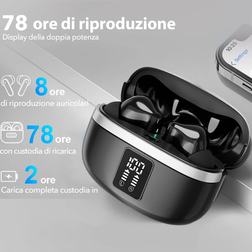 Auricolari Bluetooth 5.3 In Ear Stereo con 4 Microfono ENC, 60 Ore Cuffiette Wireless Cancellazione Rumore IP7 per iPhone e Androide