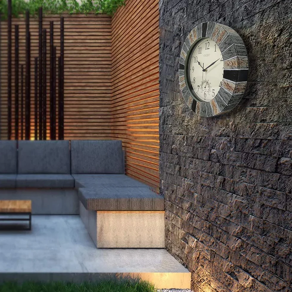 OCEST Orologio da giardino da 33 cm, impermeabile, grande orologio da parete retrò con termometro a batteria, senza ticchettio, orologi decorativi per patio, piscina, cucina
