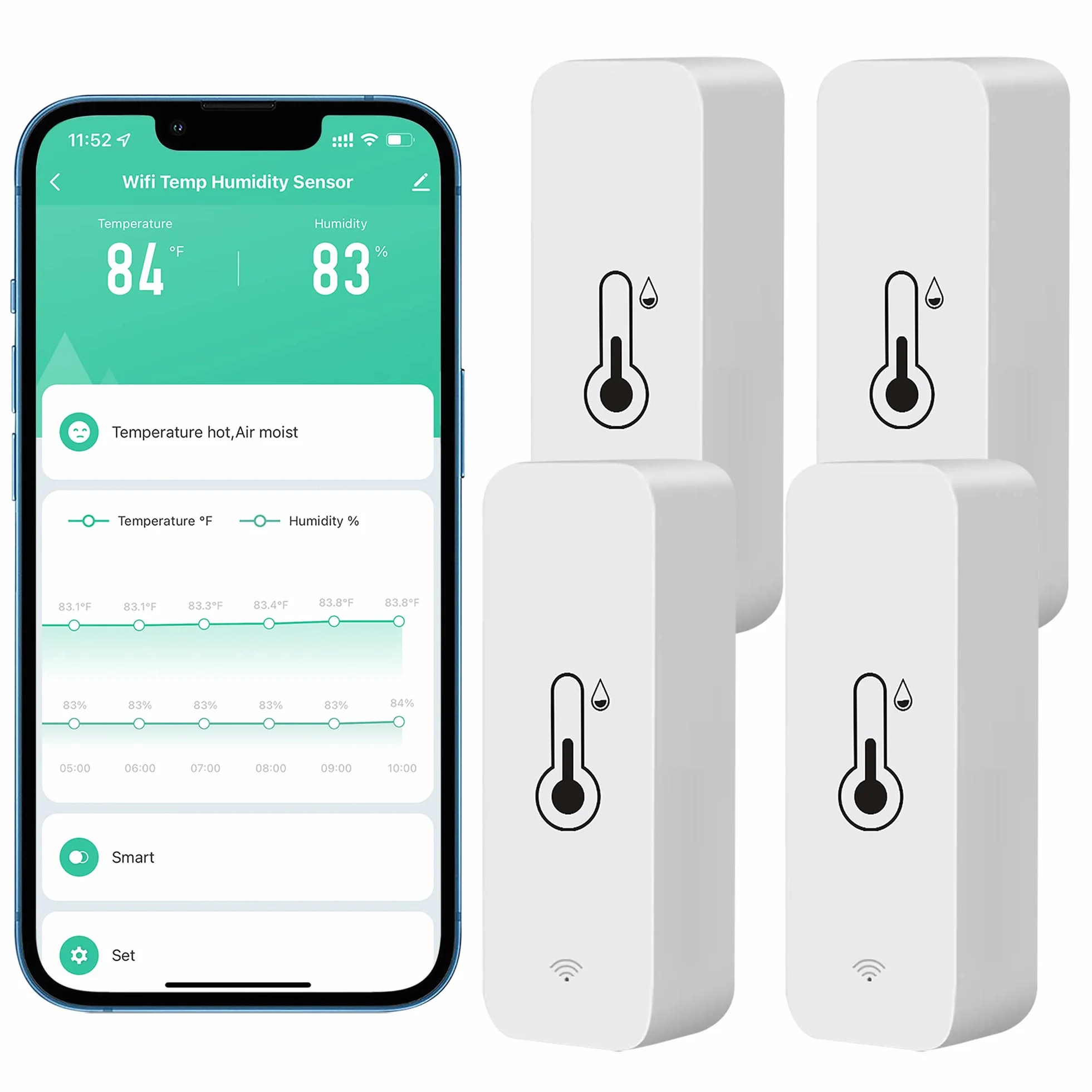 Sensore termometro con igrometro e WiFi, sensore di temperatura e umidità per interni ed esterni con notifica tramite app Tuya (confezione da 4 pezzo)