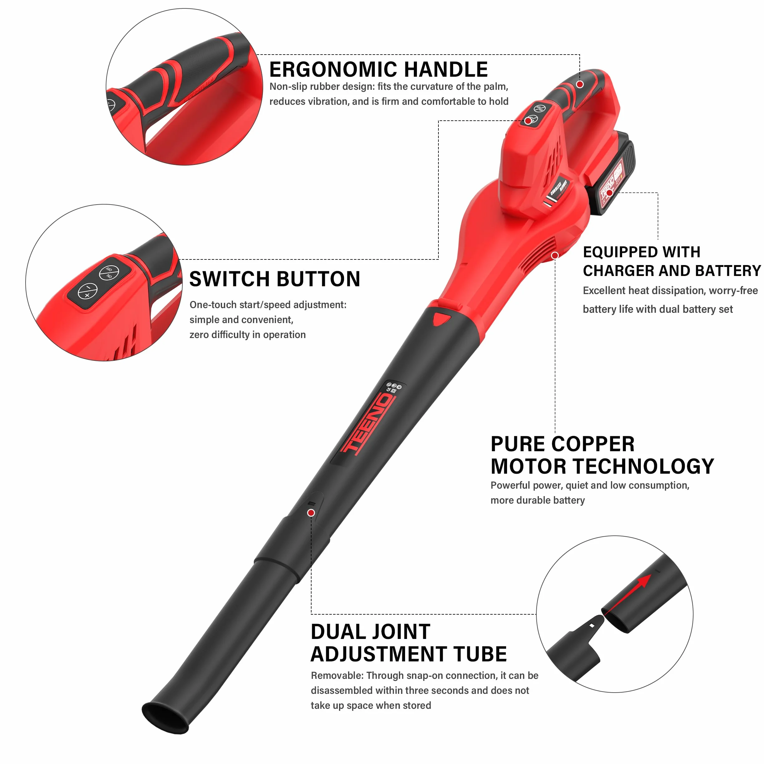 Soffiatore per Foglie TEENO Elettrico Senza Fili, Ad Alta Prestazione (210 km/h), 4Ah *2, 6 Livelli di Aria, Tubo Smontabile, Per Giardino Pro/Domestico, Compatibile con batterie Makita