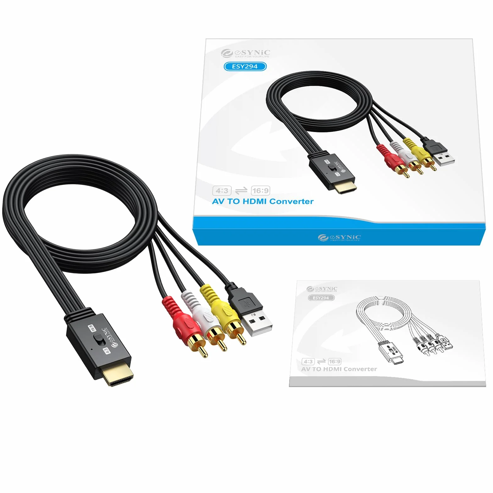 eSynic 1080P Convertitore RCA Maschio a HDMI Maschio con Cavi Integrati 150cm, Adattatore Audio Video CVBS a HDMI, Supporta 3D, per VCR VHS DVD