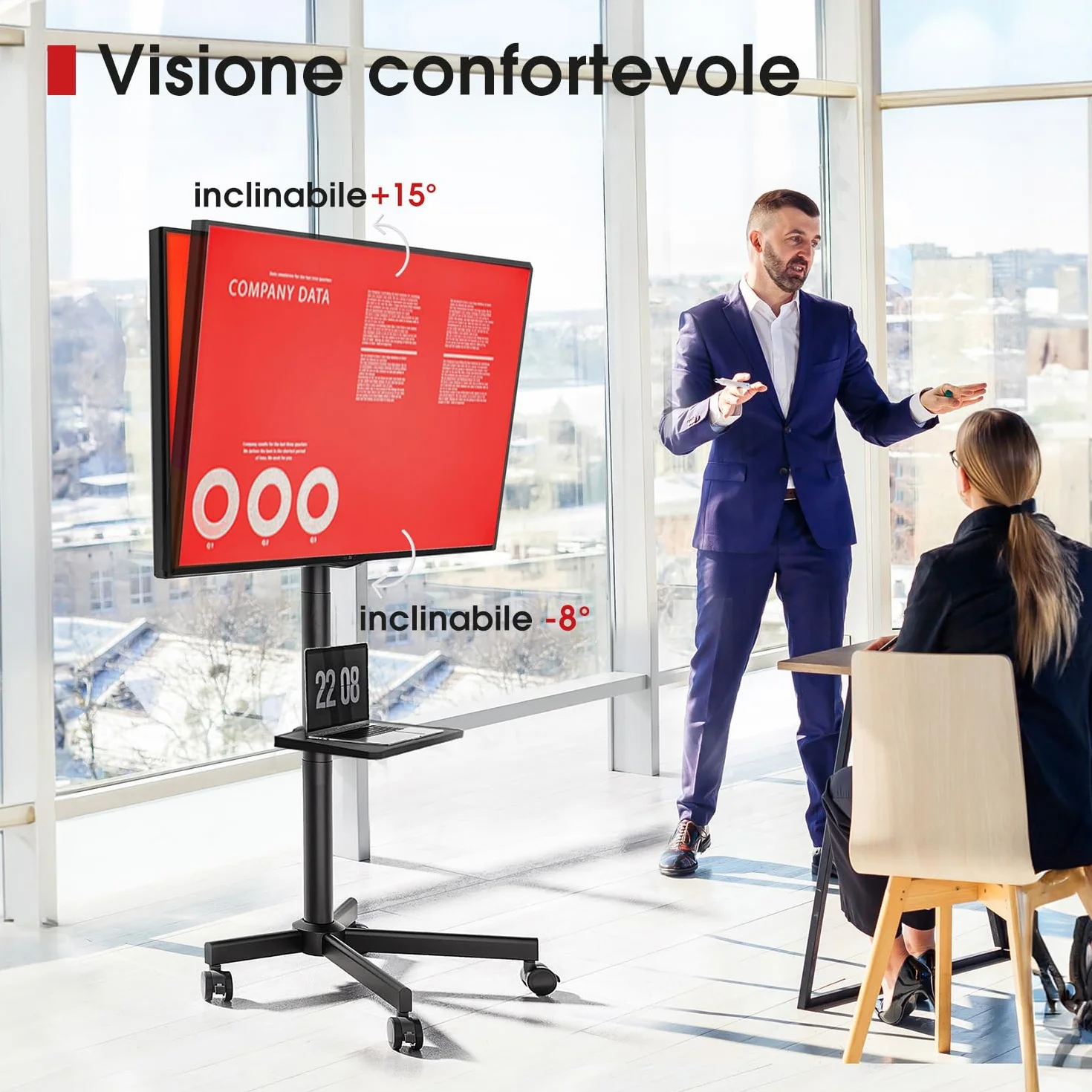 AOKCOS Supporto per TV da 32 a 65 pollici, carrello regolabile con ruote, VESA 400x400 mm, 40 kg, nero