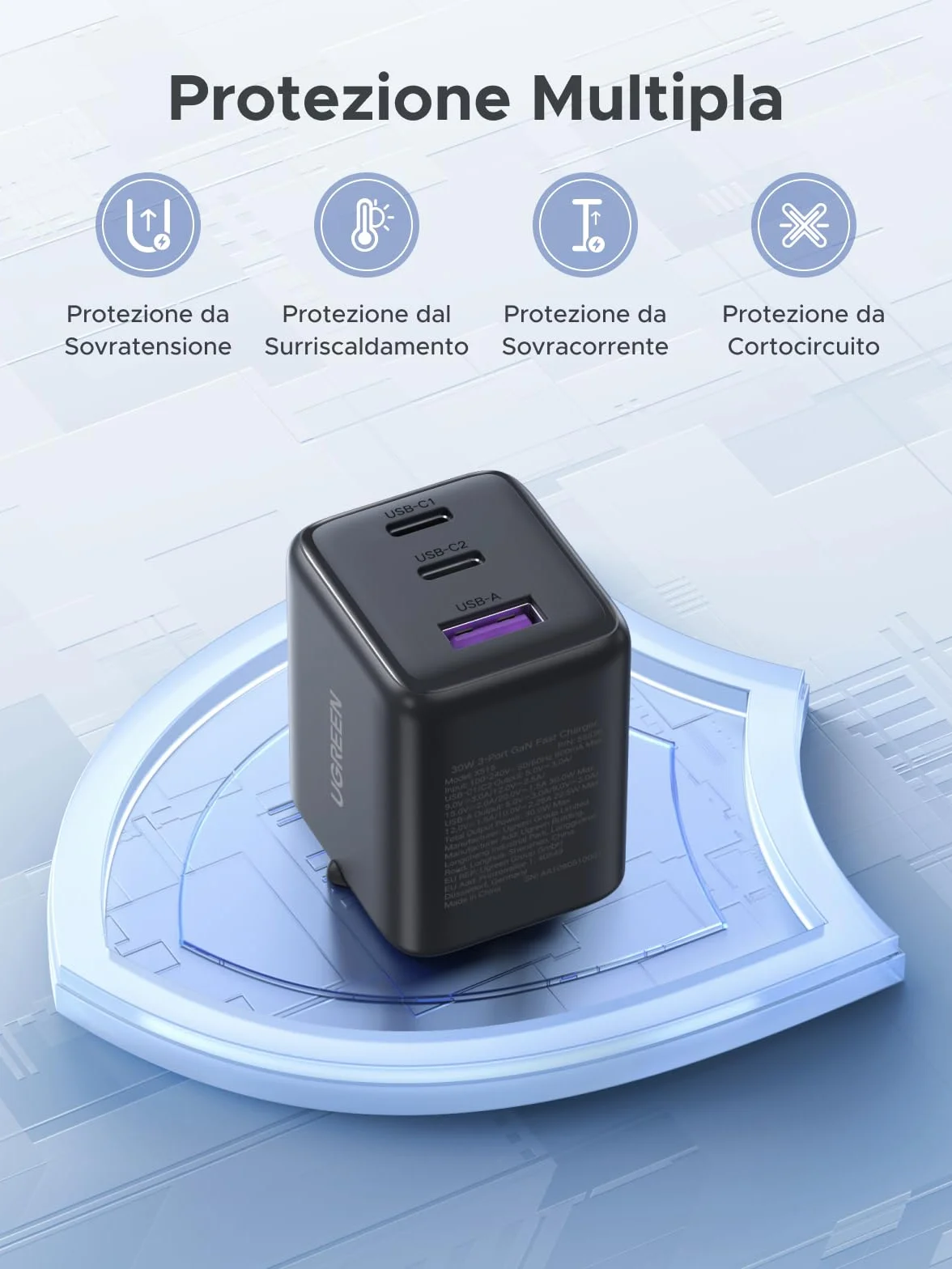 UGREEN Zapix Caricatore USB C 30W Carica Rapida GaN 3 Porte PD Compatibile iPhone 17 Pro Max Air 16 15 Galaxy S26 S25 S24 Ultra A57 A16 Pixel 10 9 8 iPad MacBook Air Nero