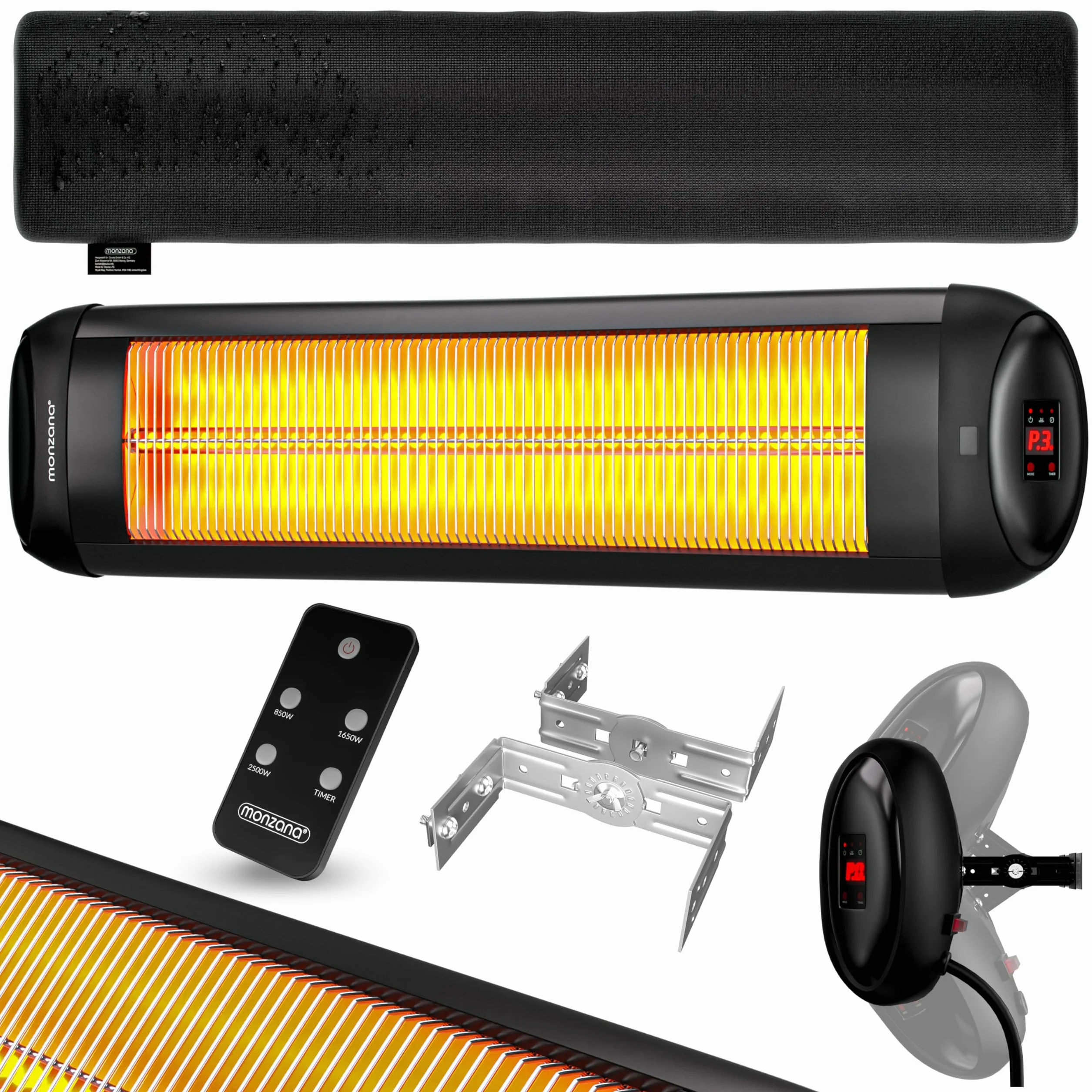 Monzana Stufa a Infrarossi 2500W a Parete 3 Livelli Calore Inclinabile 90° Telecomando Timer 24h