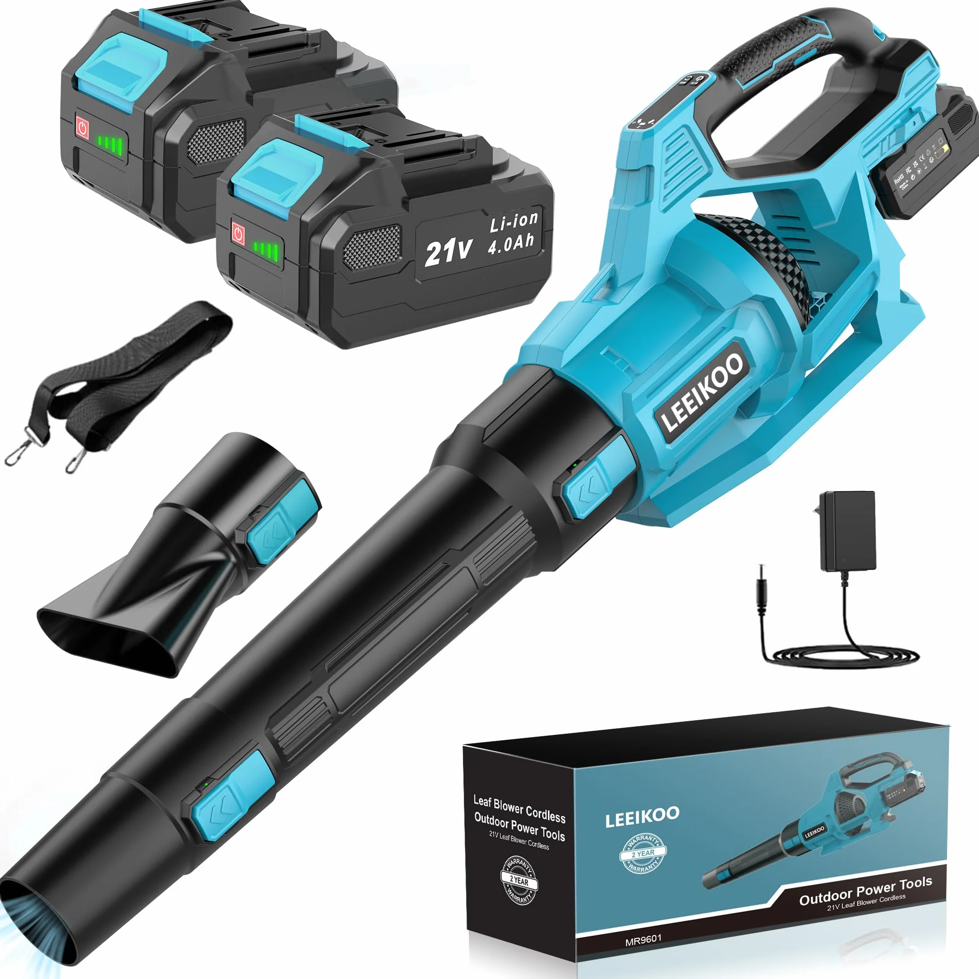 21V Soffiatore a Batteria, Soffiatore Foglie con 2 Batteria 4,0Ah, 3 Impostazioni di Velocità, 2 Tubi di Soffiaggio Staccabili, Cintura per Fango la Pulizia del Giardino