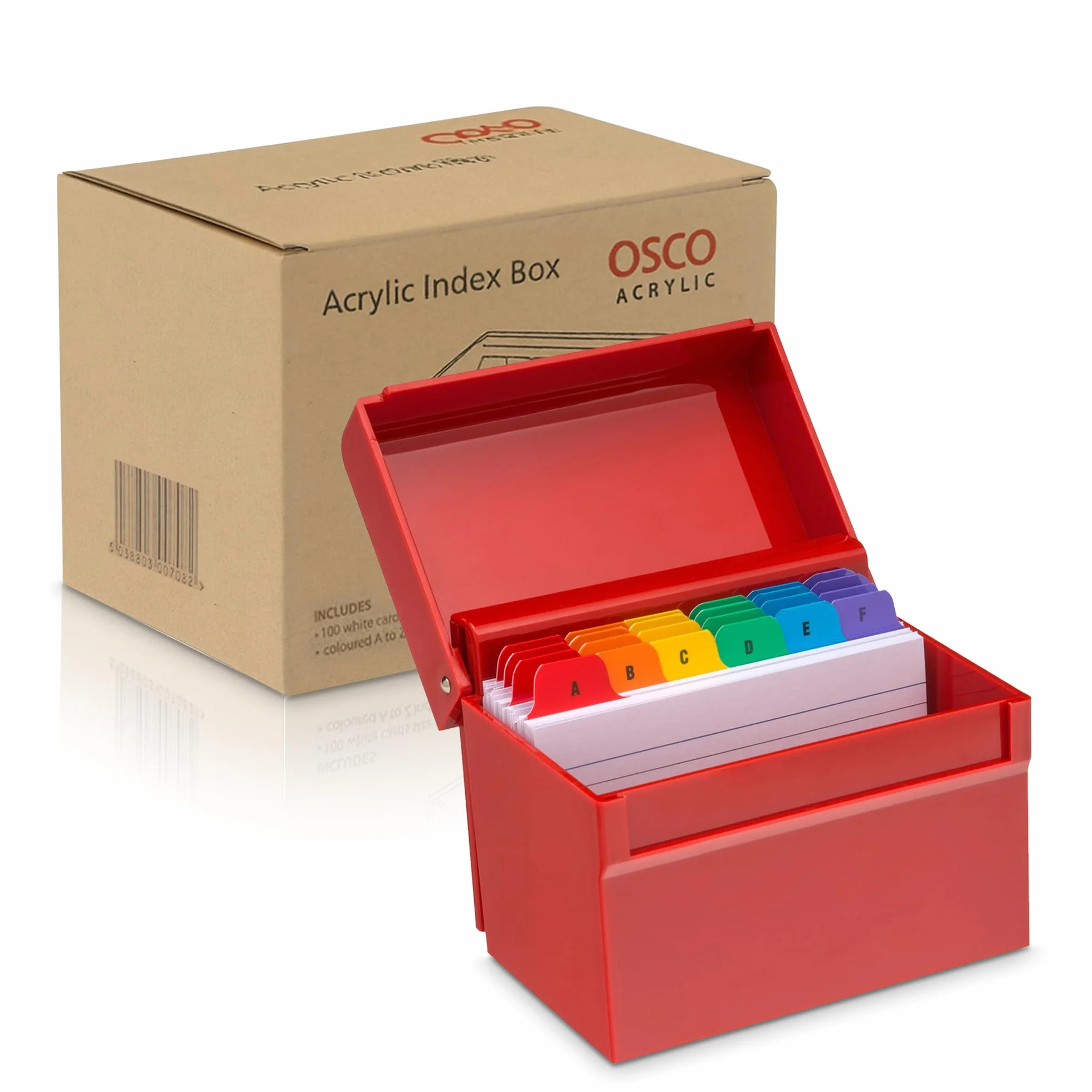 Osco AIBOX-RED Red Hi-Gloss Index Box 100 Cards Coloured Tabs