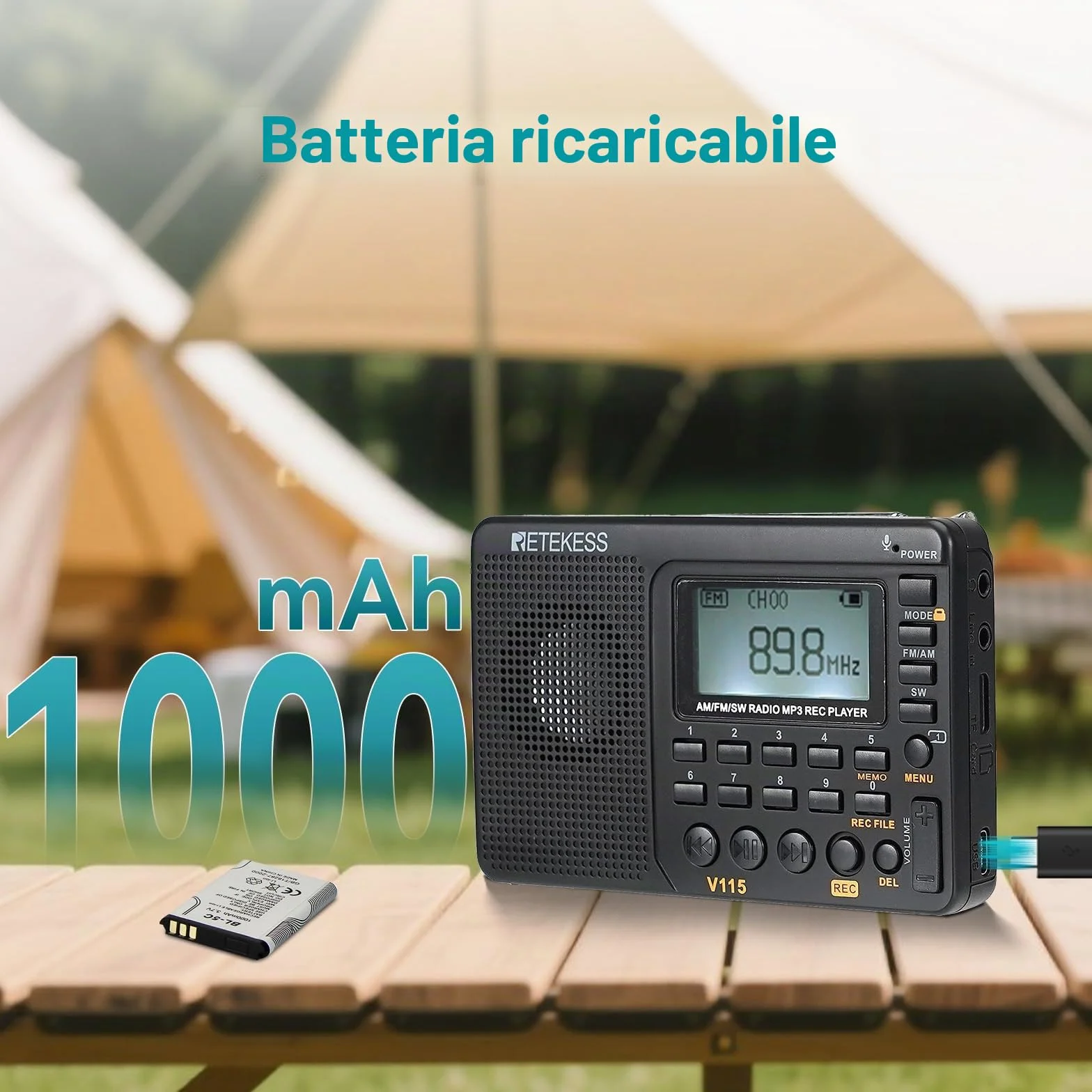 Retekess V115 Radio FM Portatile AM SW con Supporto USB AUX TF Batteria Ricaricabile Nero