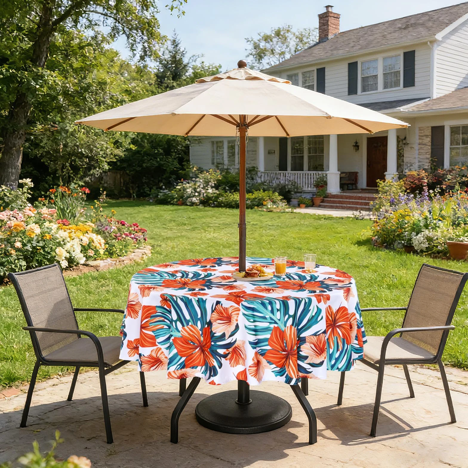 Eternal Beauty tovaglia rotonda 178 cm fiori d'arancia anti-spruzzi con foro ombrellone e cerniera 70 pollici