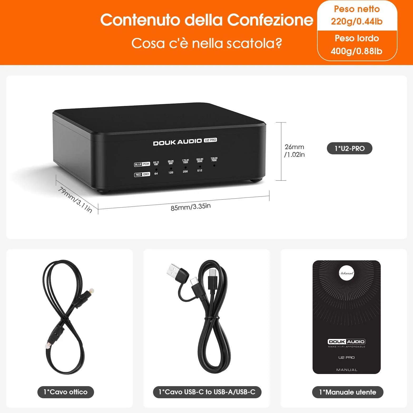 Douk Audio U2 PRO XMOS XU316 Interfaccia Digitale USB DDC USB-C a Ottico Coassiale HDMI IIS DSD512 PCM768kHz Convertitore Audio Digitale Analogico Portatile