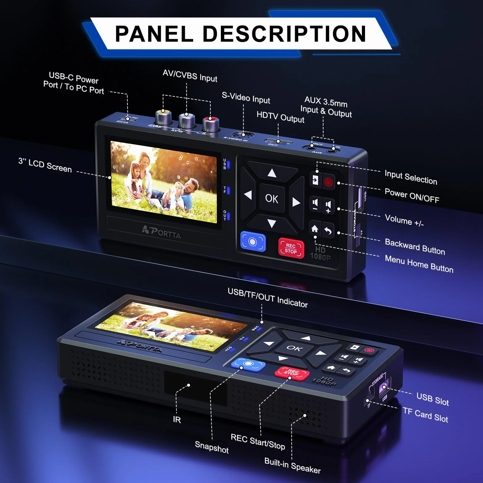 Convertitore da VHS a digitale Portta, registratore video con telecomando, compatibile VHS DVR Hi8 Mini DV console gioco