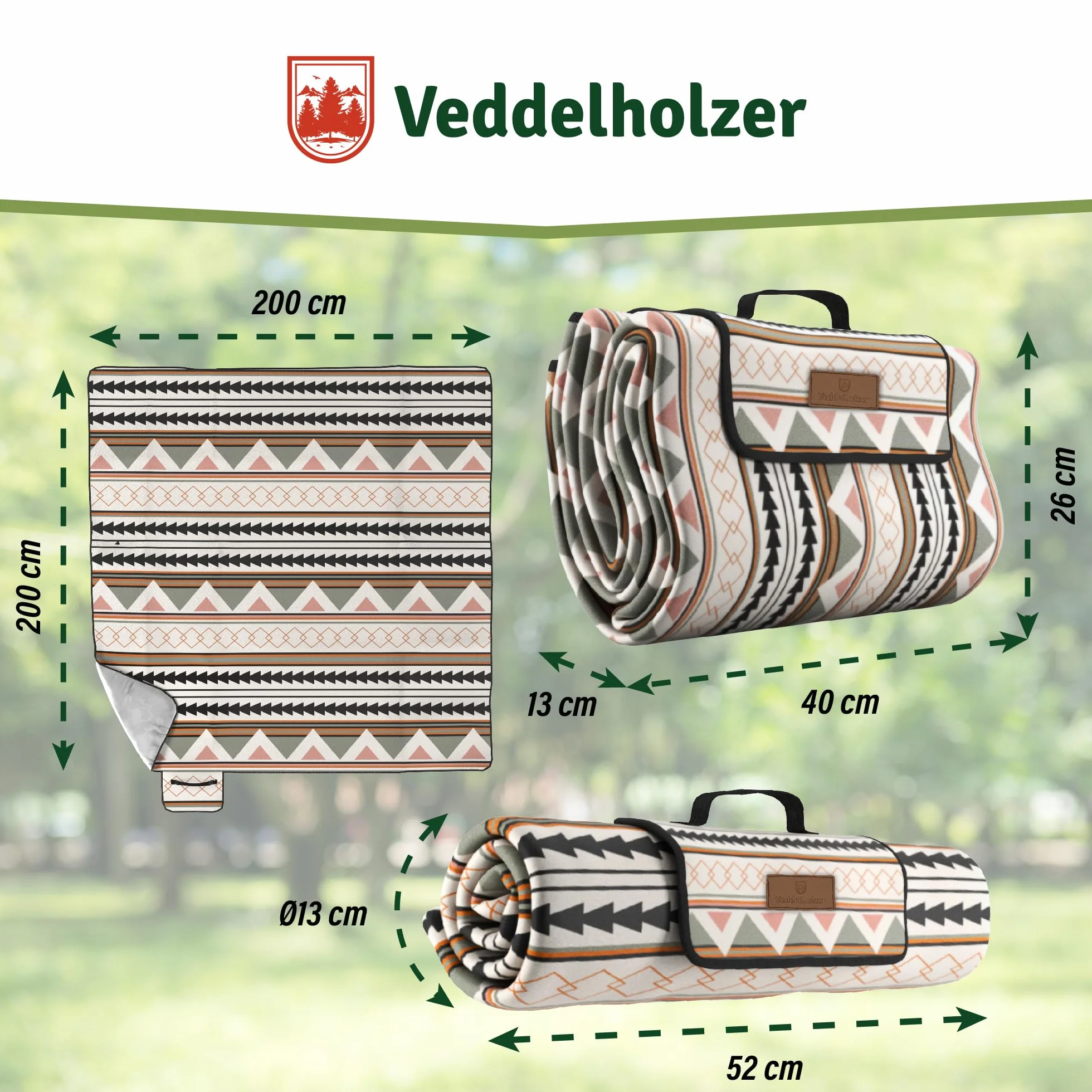 Coperta da picnic Boho impermeabile 200 x 200 cm Veddelholzer XXL isolata e imbottita