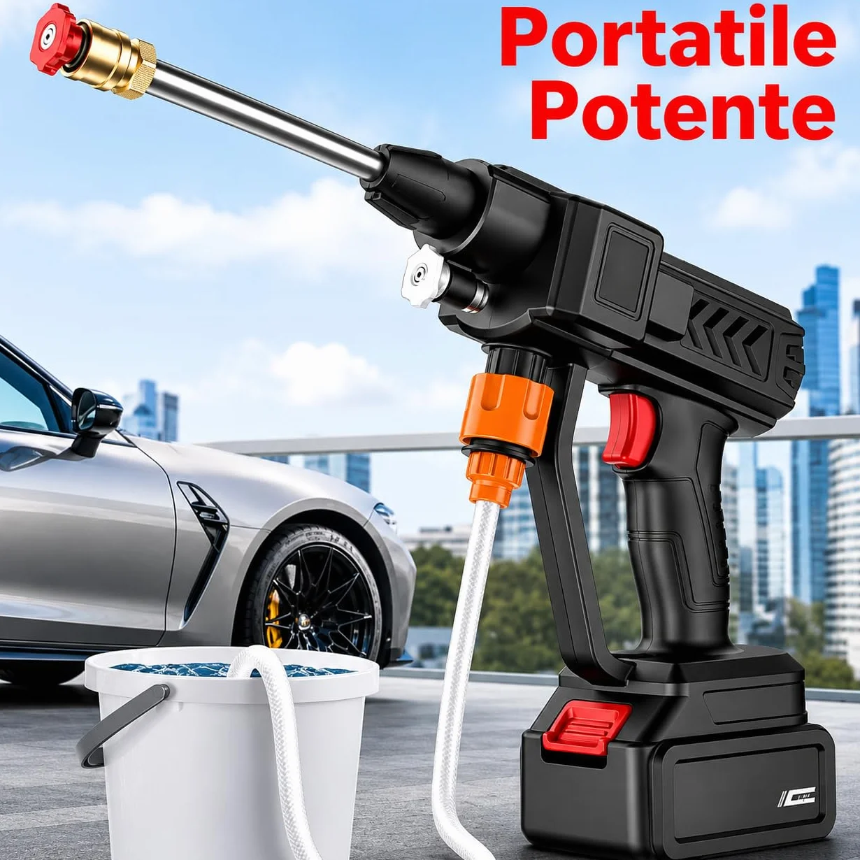 Idropulitrice a Batteria 42V Portatile Professionale, 2 Batterie 8000mAh, Tubo 5M, Pistola Alta Pressione Senza Fili per Auto, Moto, Bici, Pavimenti, Giardino e Pulizia Esterni