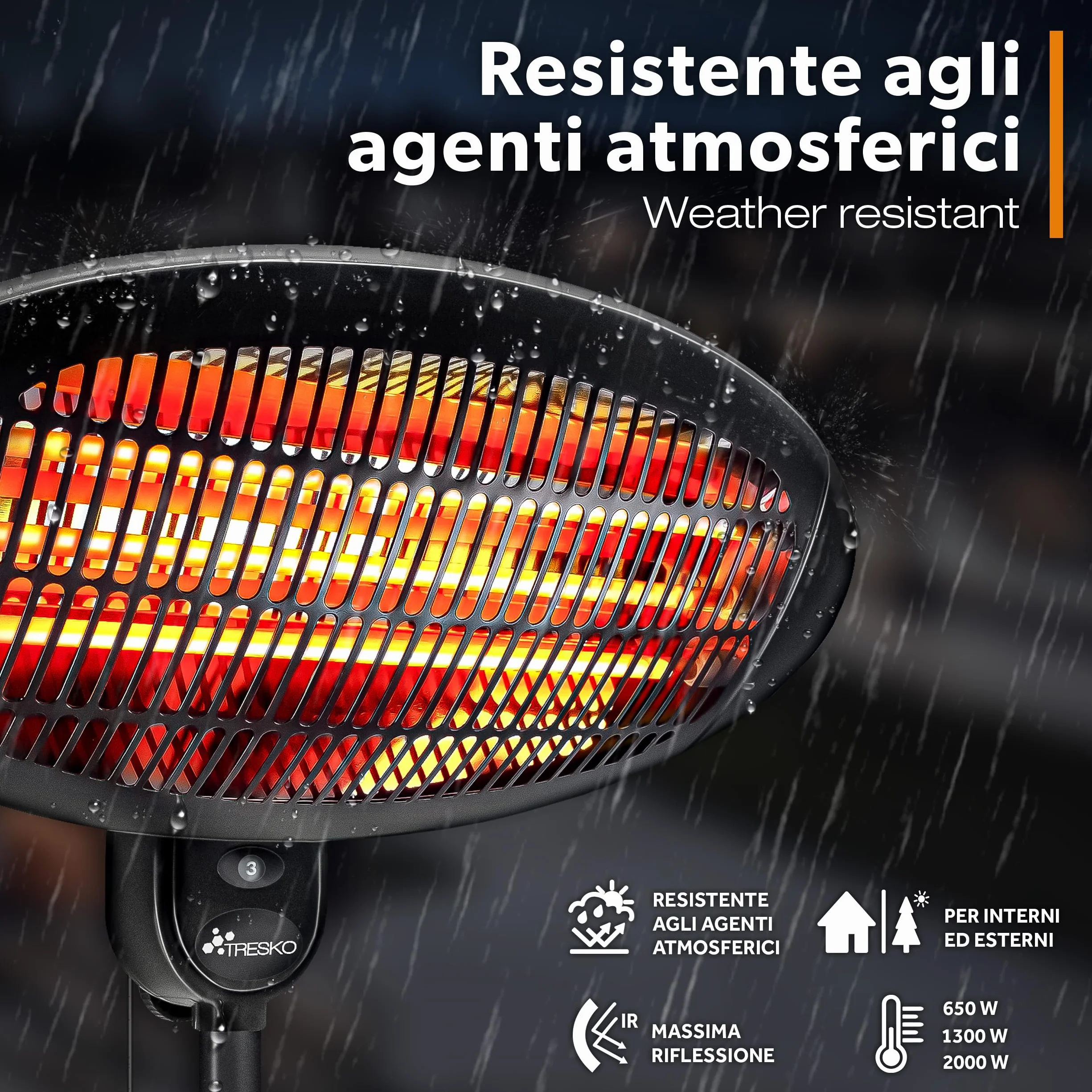 TRESKO Stufa a Infrarossi 2000W Riscaldatore elettrico con 3 Livelli di Calore per Esterno e Interno
