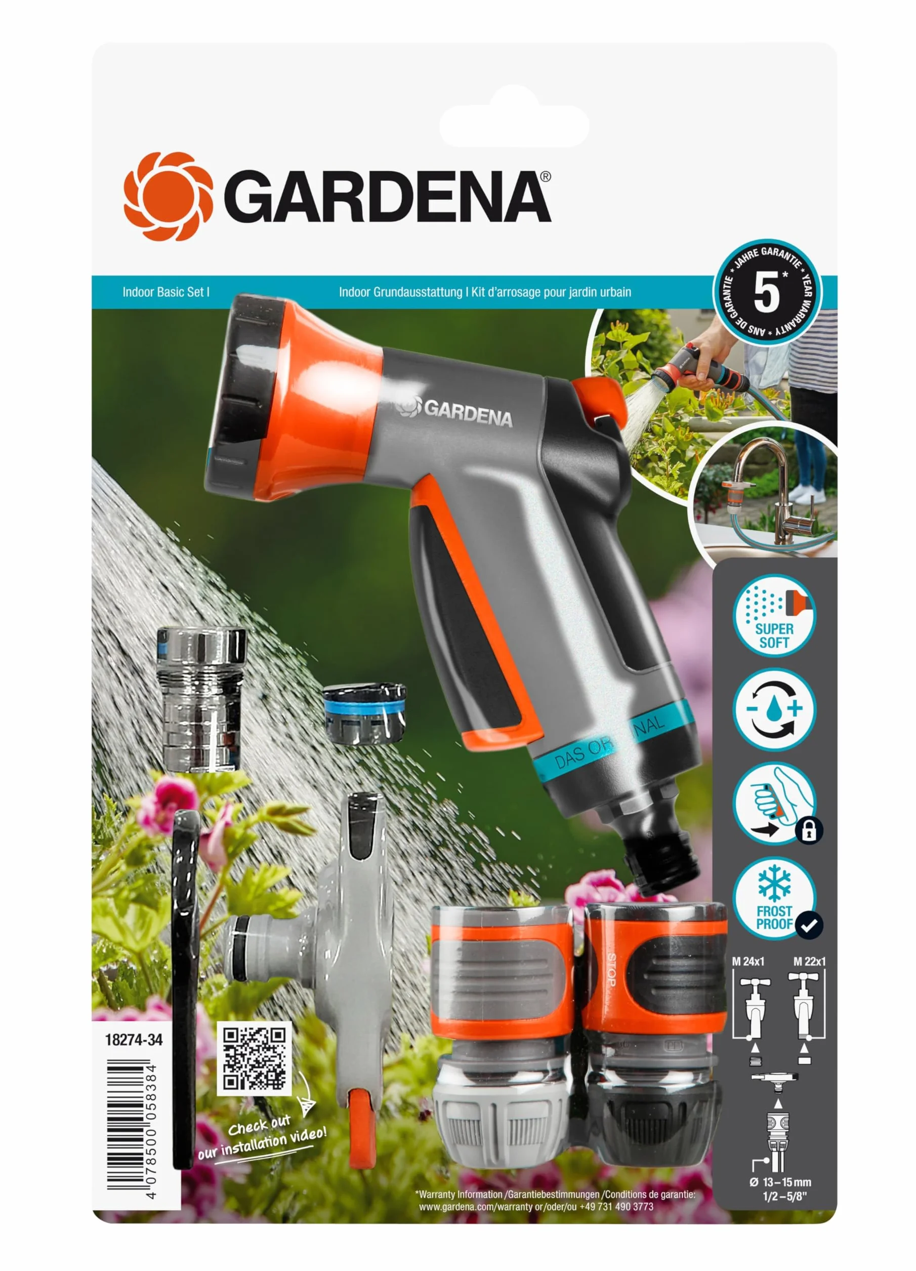 Gardena Attrezzatura di base per interni: set di base composto da raccordo per rubinetto interno, raccordo per tubo flessibile, rubinetto di arresto dell'acqua e doccia da balcone
