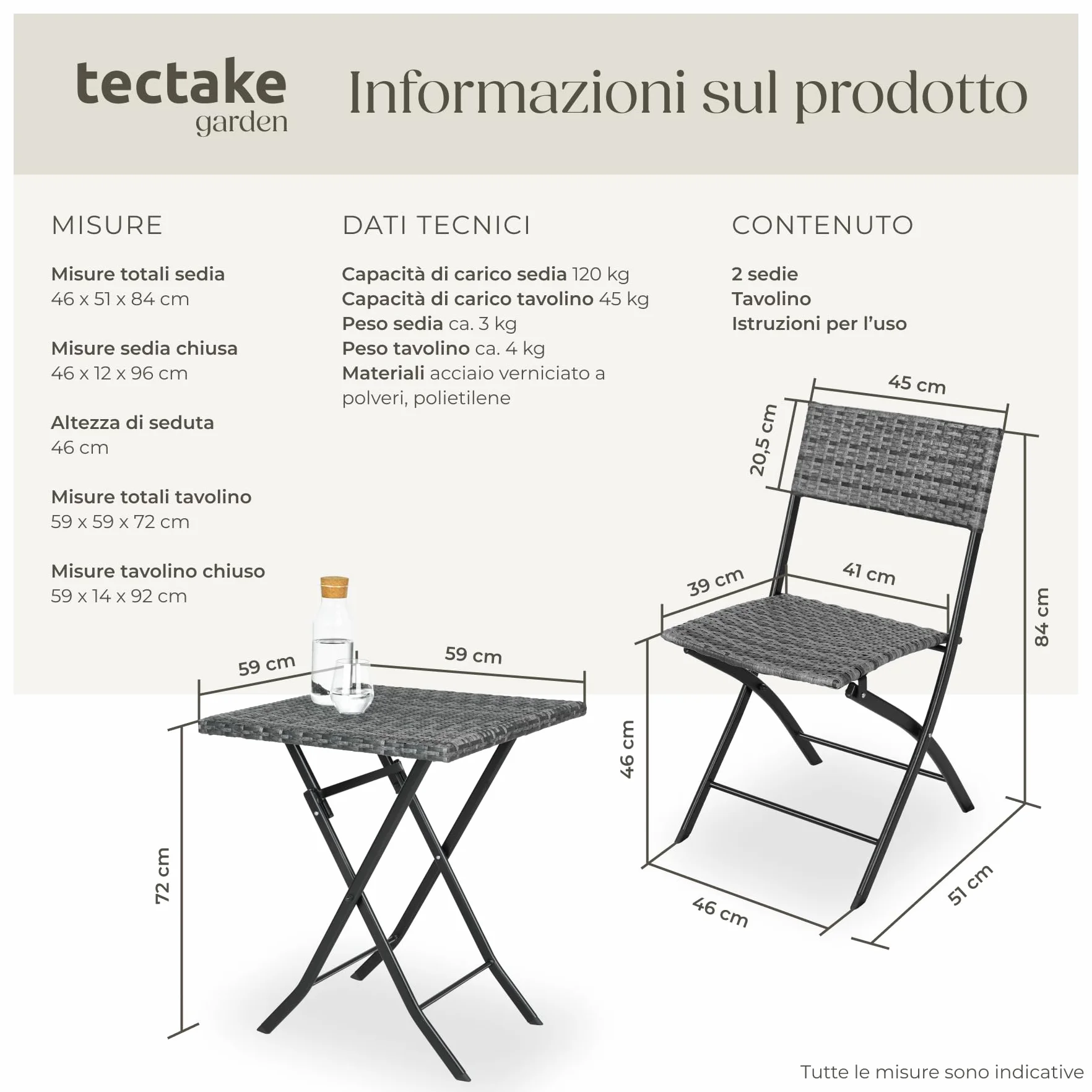 tectake® Set 3 Pezzi Trevi in Rattan, 1 Tavolo con 2 Sedie, Protezione dai Raggi UV, Ripiegabile, Design Moderno, Set Giardino, Terrazzo, Balcone, Campeggio - Grigio