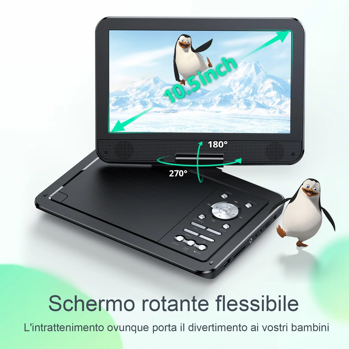 YOTON Lettore DVD Portatile 12,5" Schermo Girevole HD 10,5" per Auto Bambini Batteria 6 Ore USB SD TV Nero