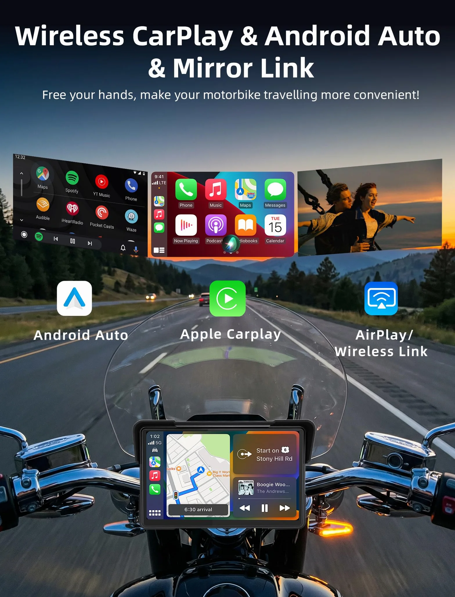 Jansite Carplay Moto da 7 Pollici Navigatore Andrpid Auto Display Impermeabile IPS 2.5D Bluetooth Siri/Assistente Google
