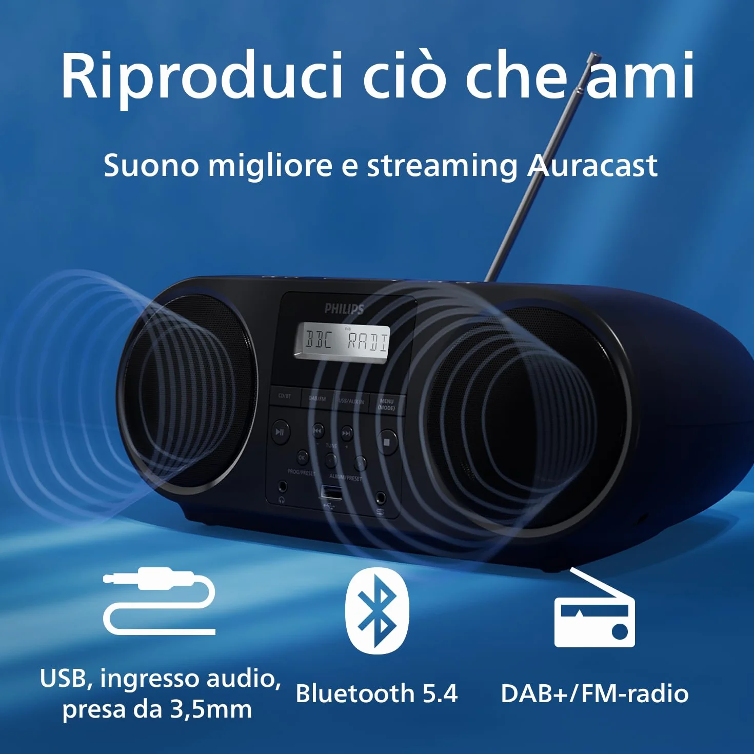 Philips TAZ6000 Lettore CD tutto in uno con radio DAB+/ FM, Bluetooth 5.4, USB, batteria/CA
