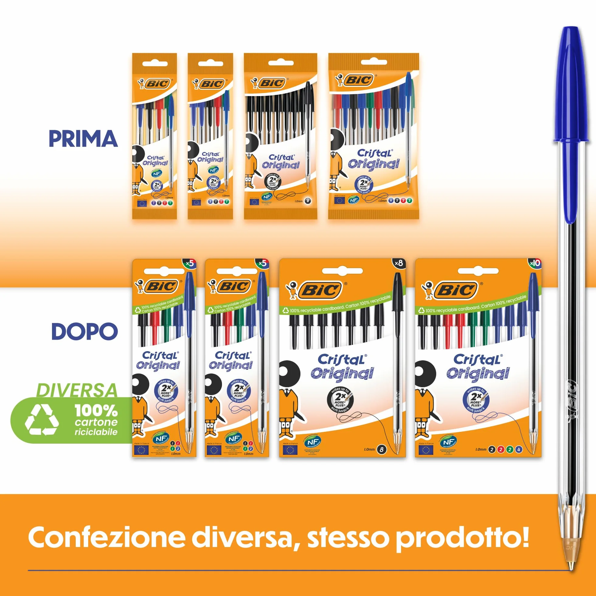 BIC Cristal Original Penne a Sfera Punta Media 1.0 mm Confezione 20 Penne Inchiostri Blu Nero Verde Rosso