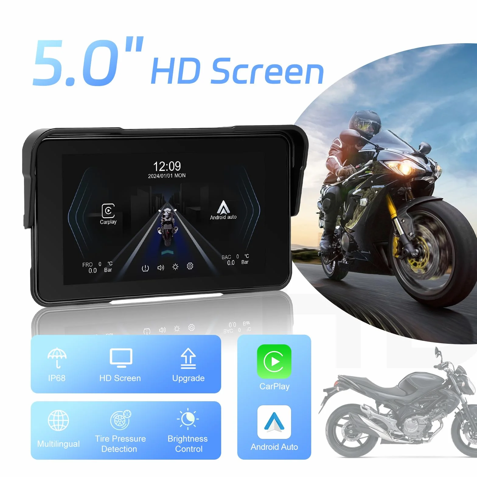 Schermo CarPlay Moto 5" HD Wireless Apple CarPlay Android Auto IP68 Impermeabile Bluetooth TPMS