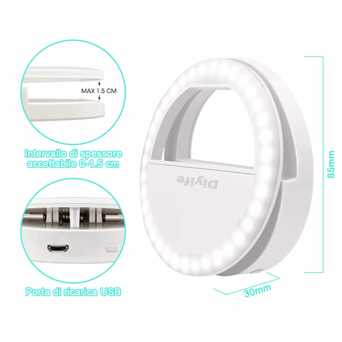 Selfie Ring Light Ricaricabile 36 LED 3 Livelli di Luminosità con Clip per Telefono