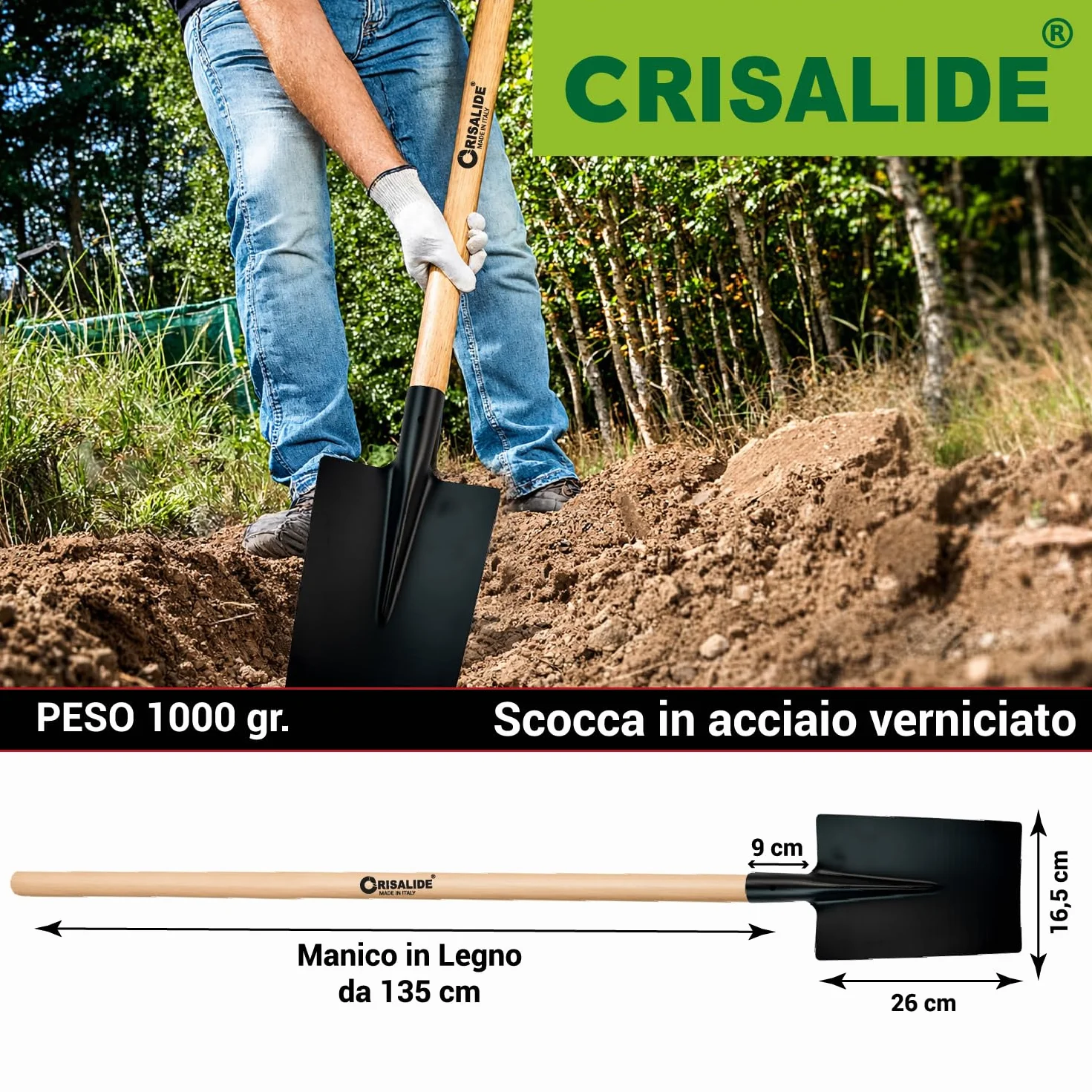 Crisalide® - Vanga Nera da Giardino con Manico in Legno di Faggio 135 cm – Scocca in Acciaio Verniciato Rinforzato, Attacco Conico con Vite Inclusa, Ideale per Terreni Duri, Rocciosi ed Erbosi