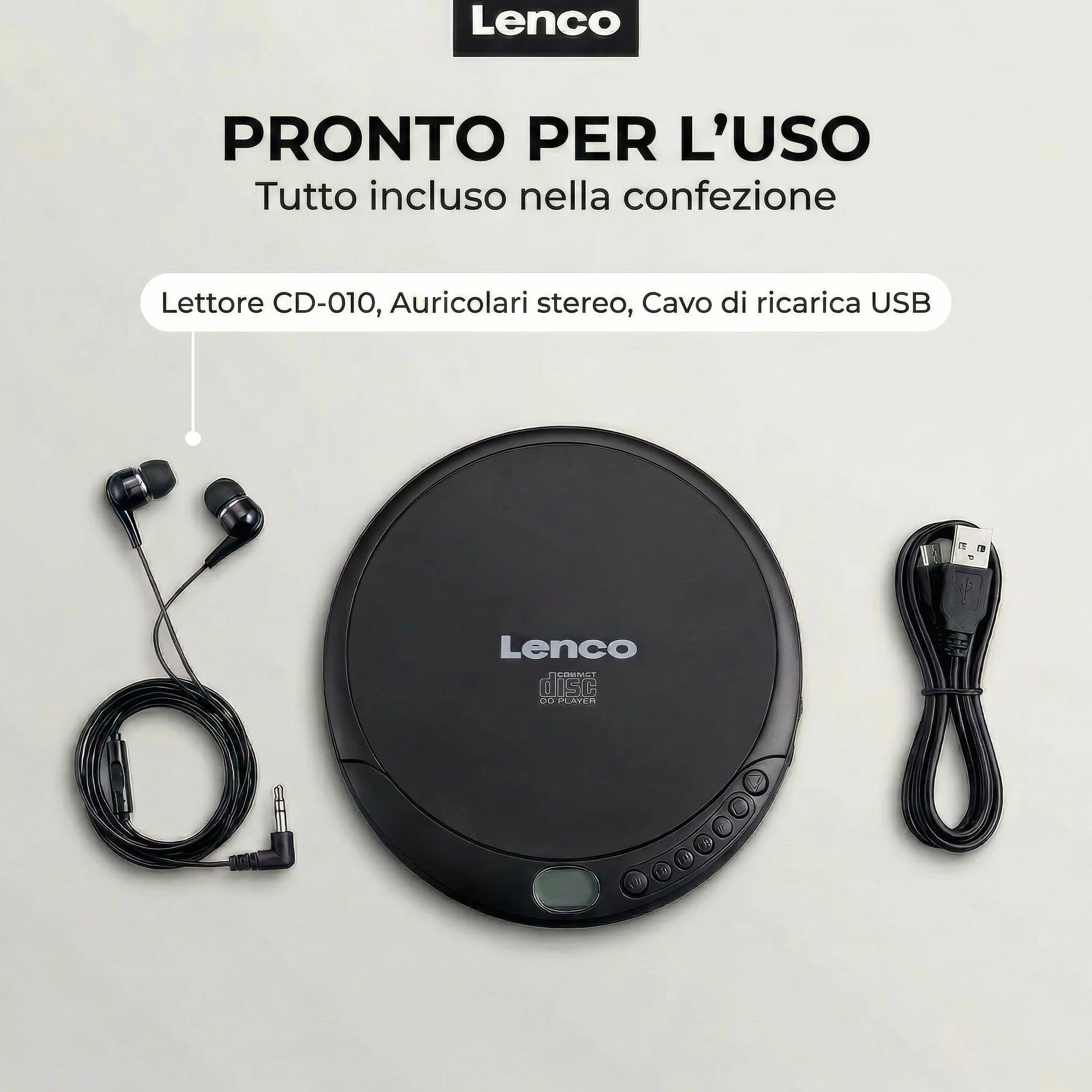 Lenco CD-010 Lettore CD portatile Walkman Nero con cuffie e cavo micro USB