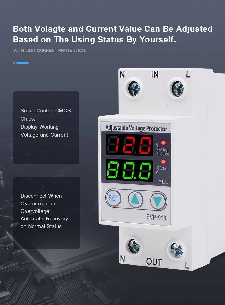 Protettore di Sovratensione Monofase 230VAC con Display LCD, Guida DIN 63A