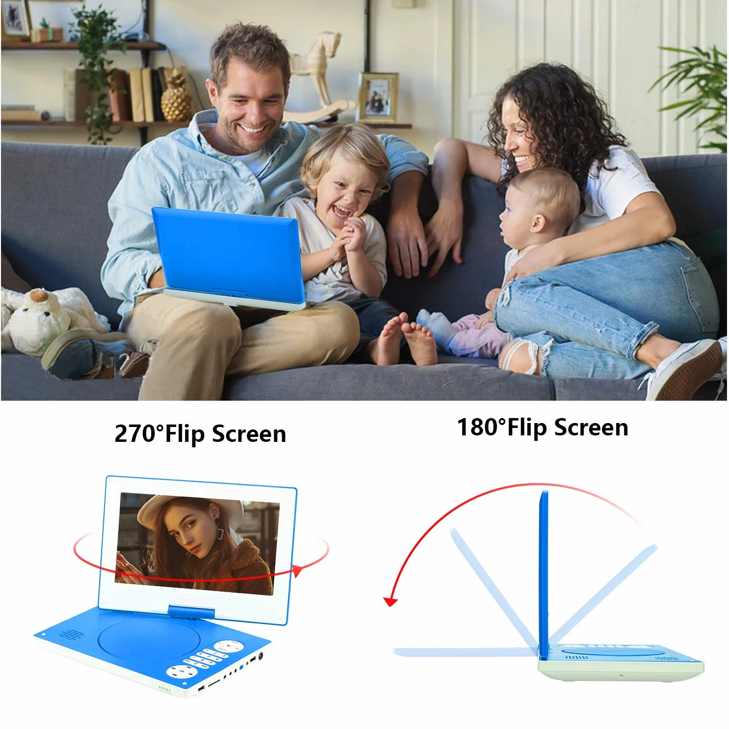 YOOHOO Lettore DVD portatile 12,5 pollici schermo girevole HD 270° batteria ricaricabile multi regione