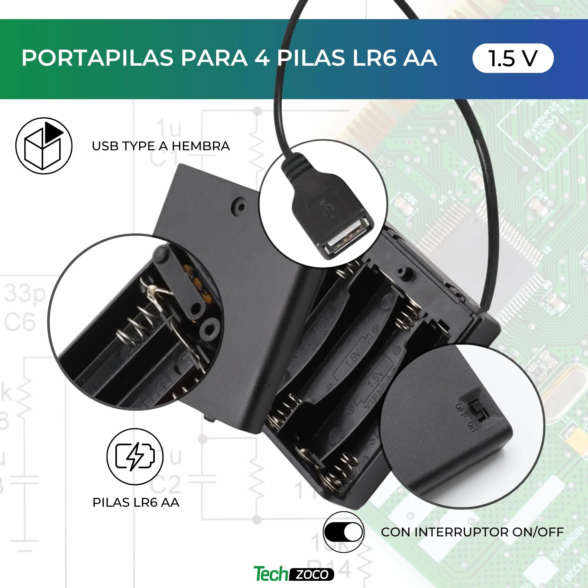 Porta batterie con interruttore on/off 6 V per 4 batterie LR6 AA, supporto batteria AA, cavo USB femmina