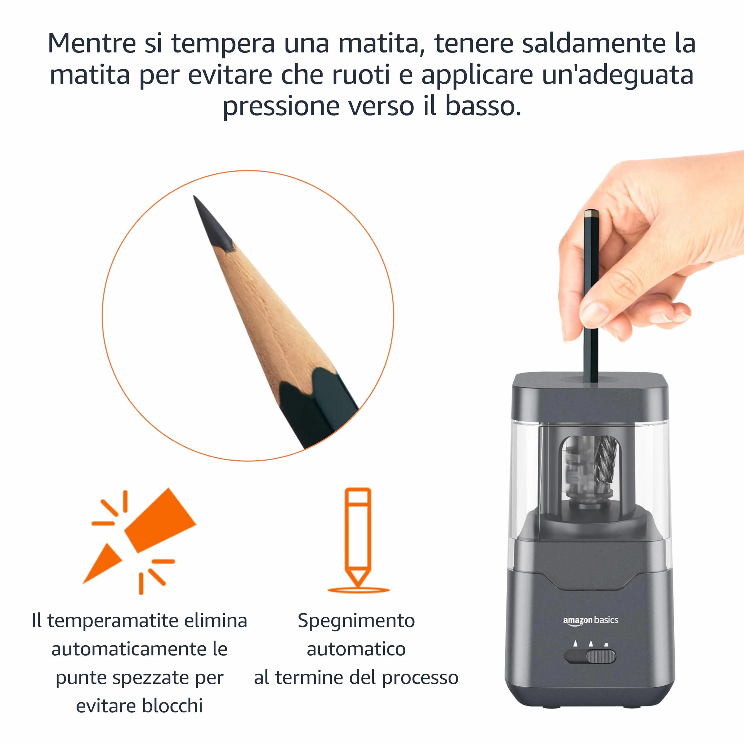 Amazon Basics Temperamatite elettrico portatile, lama a spirale, arresto automatico, alimentato a batteria/USB, Nero