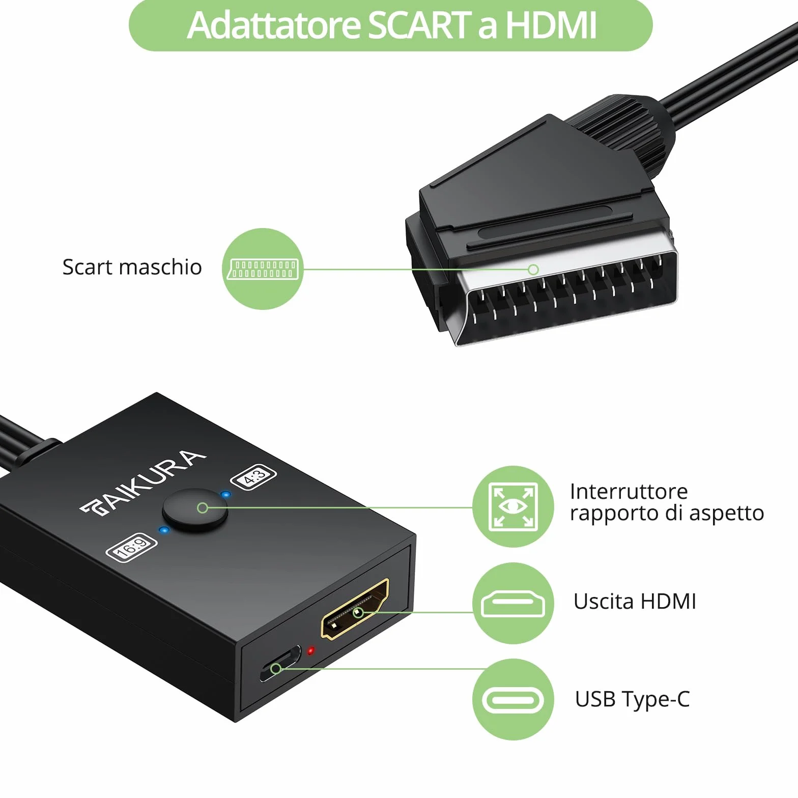 Convertitore SCART a HDMI 1080P 150 cm Commutazione Aspect Ratio 4:3/16:9