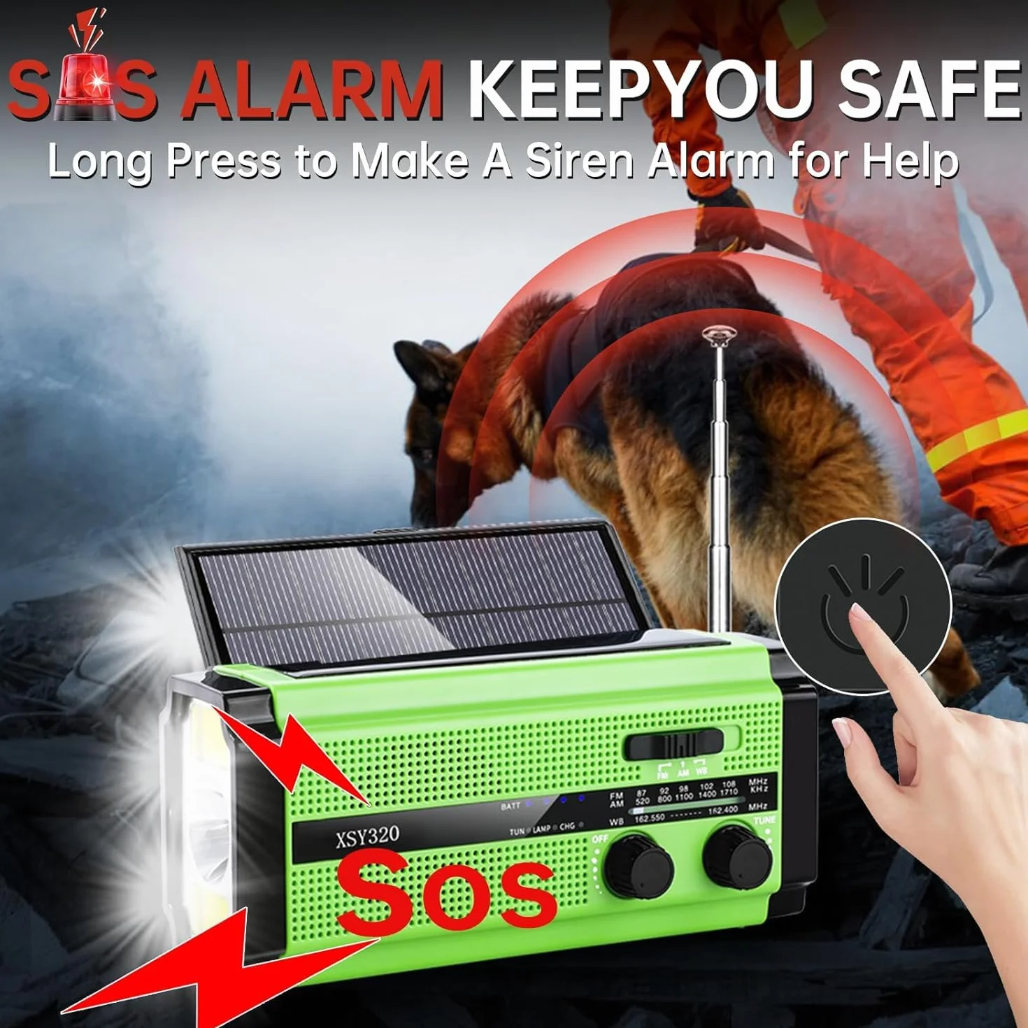Radio a manovella di emergenza 5000 mAh 18500 mWh AM FM portatile con pannelli solari SOS torcia