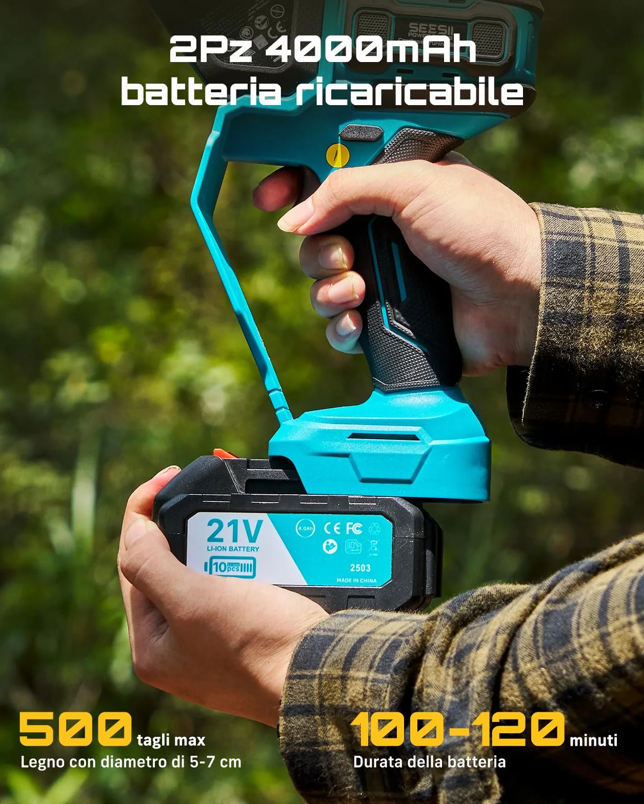 SEESII 6 & 8 Motosega a Batteria, 1000 W Mini Motosega con 2 * 4000 mAh Batterie, Sega Elettrica per Legno con Lubrificazione Automatica, Chainsaw Motosega da Potatura, Rami
