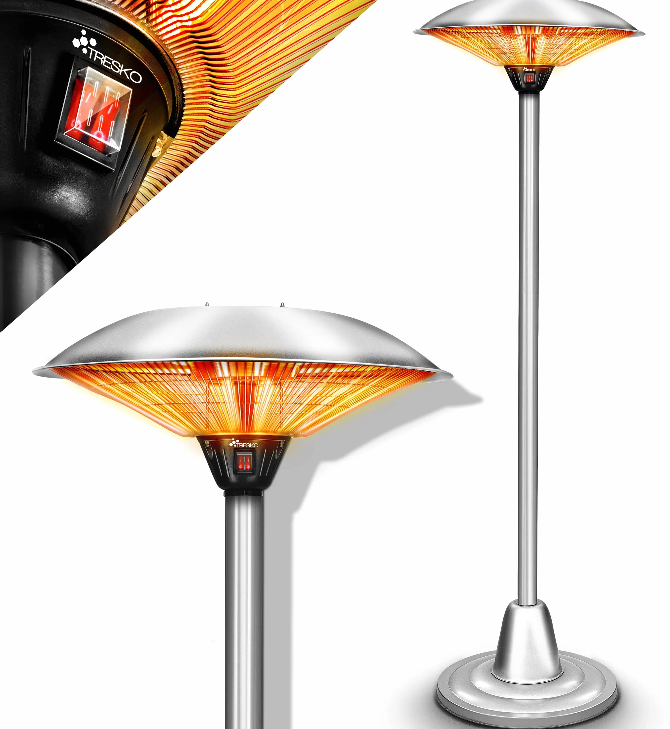 TRESKO Stufa a infrarossi 2500W | Riscaldatore Fungo elettrico da patio con 2 livelli di calore | interni ed esterni | Riscaldatore da stand con display a LED in quarzo a infrarossi