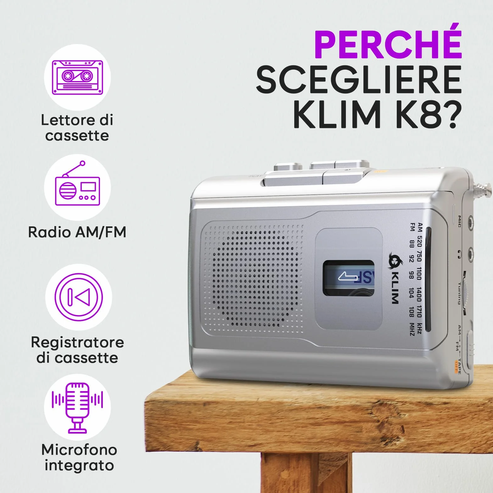 KLIM K8 Lettore Cassette Audio Registratore Radio AM/FM Argento