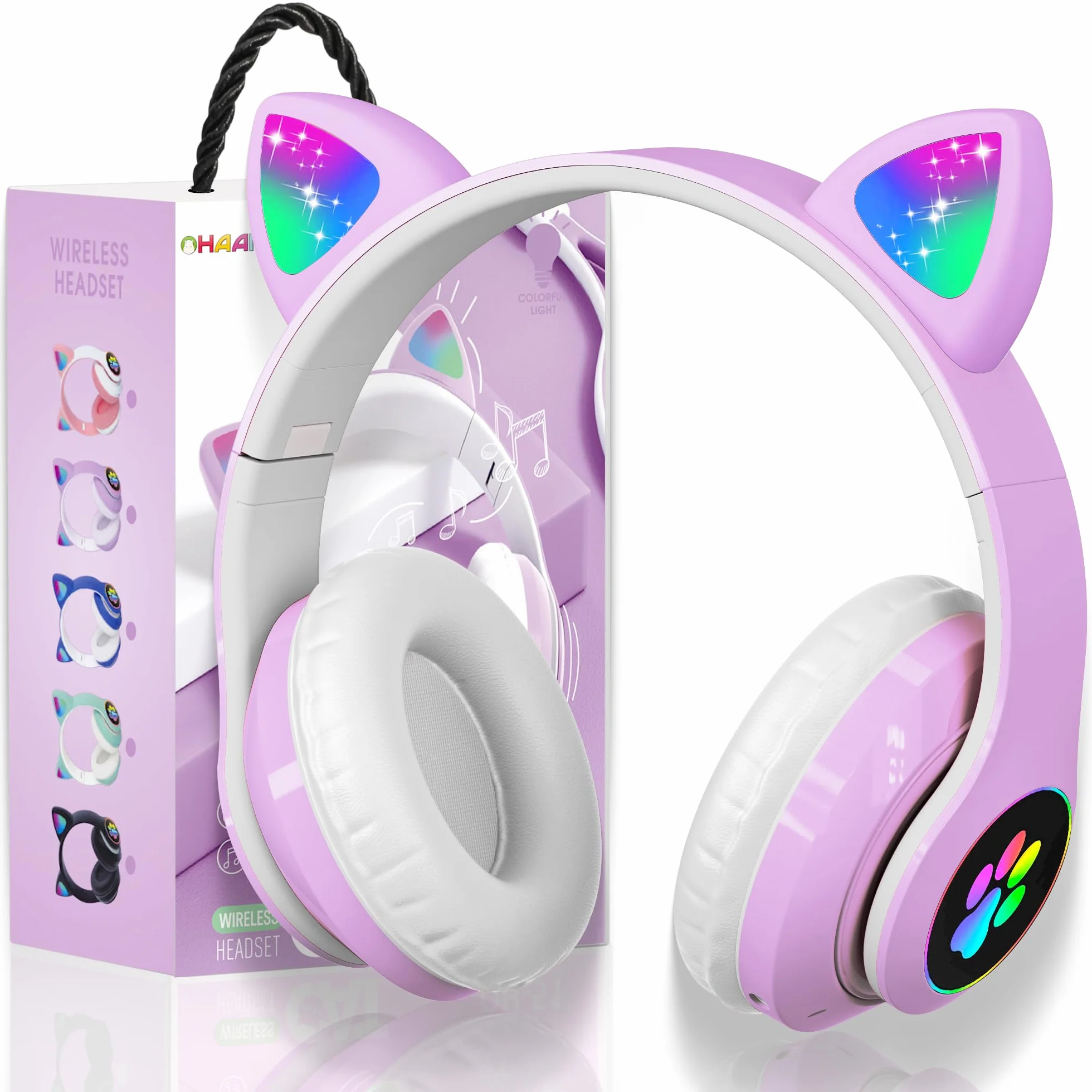 Cuffie Wireless Bambini con LED, Bluetooth Cuffie con Orecchie Gatto Pieghevoli con Microfono, Micro SD Regalo Natale Compleanno Ragazze Viola